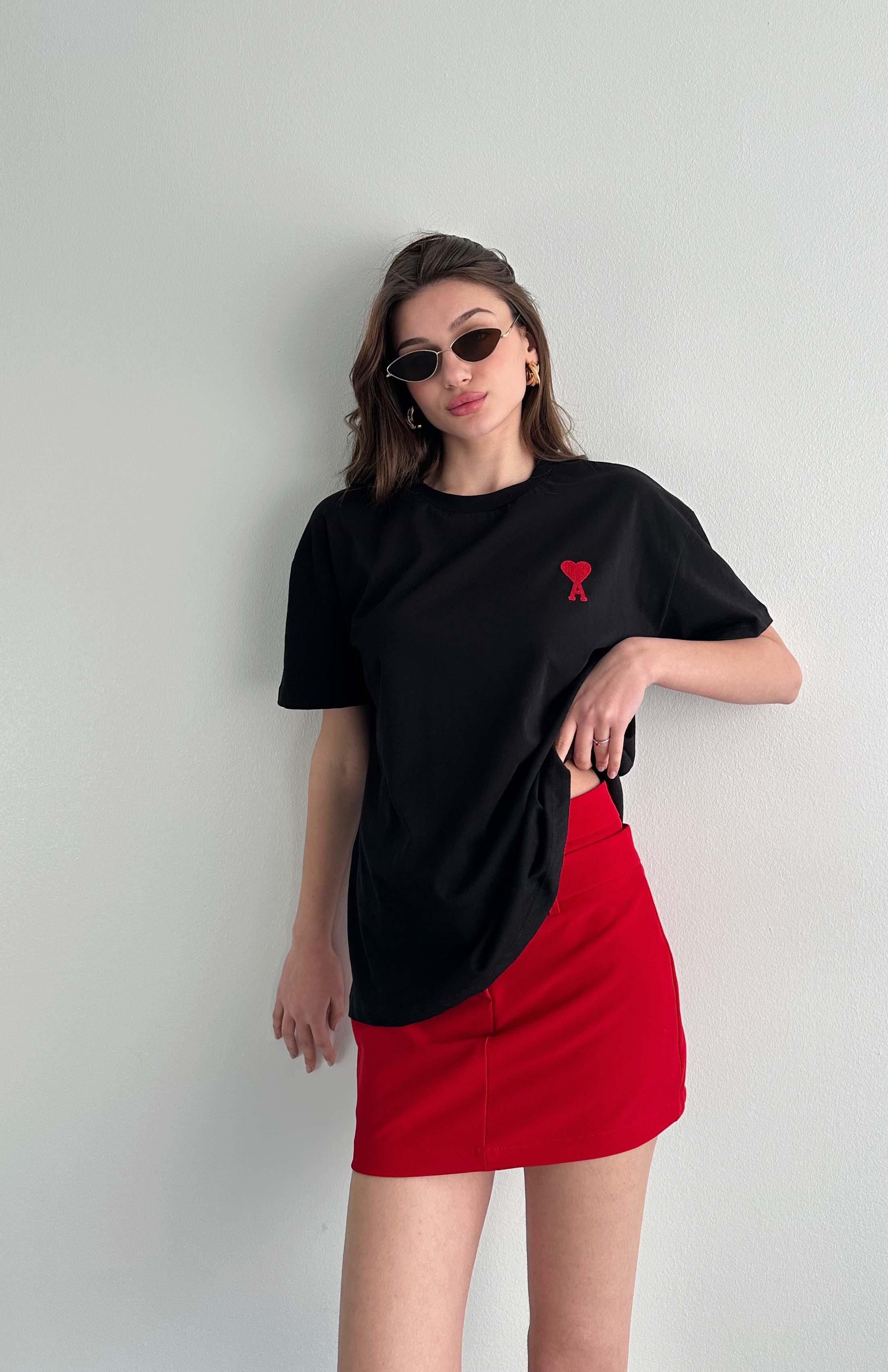 Kalp A Baskılı Tshırt SİYAH - Miss Rouge