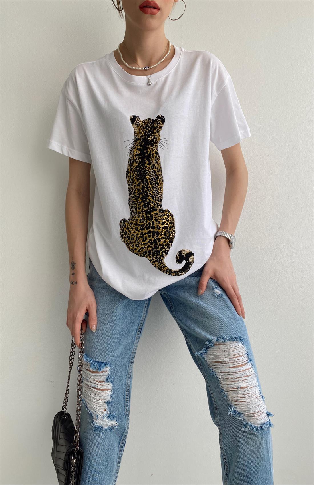 Leopar Baskılı Tshırt BEYAZ