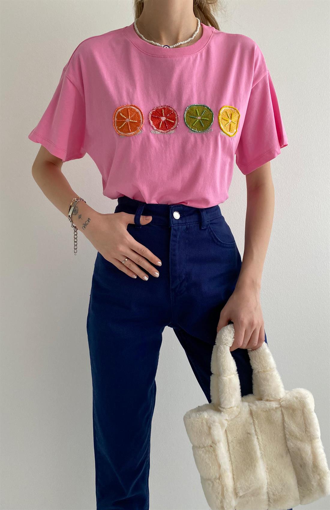 Renkli Portakal Baskılı Tshırt PEMBE