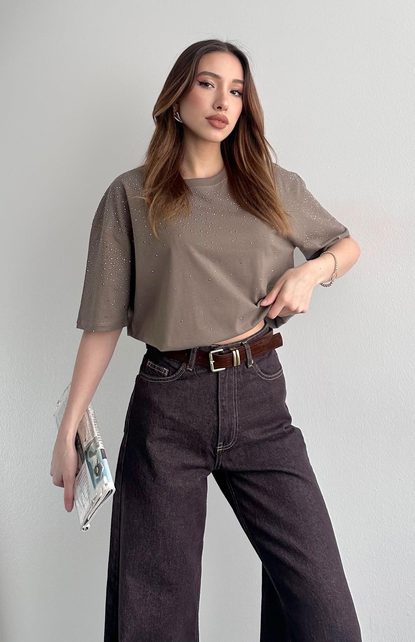 Taşlı Tshırt VİZON