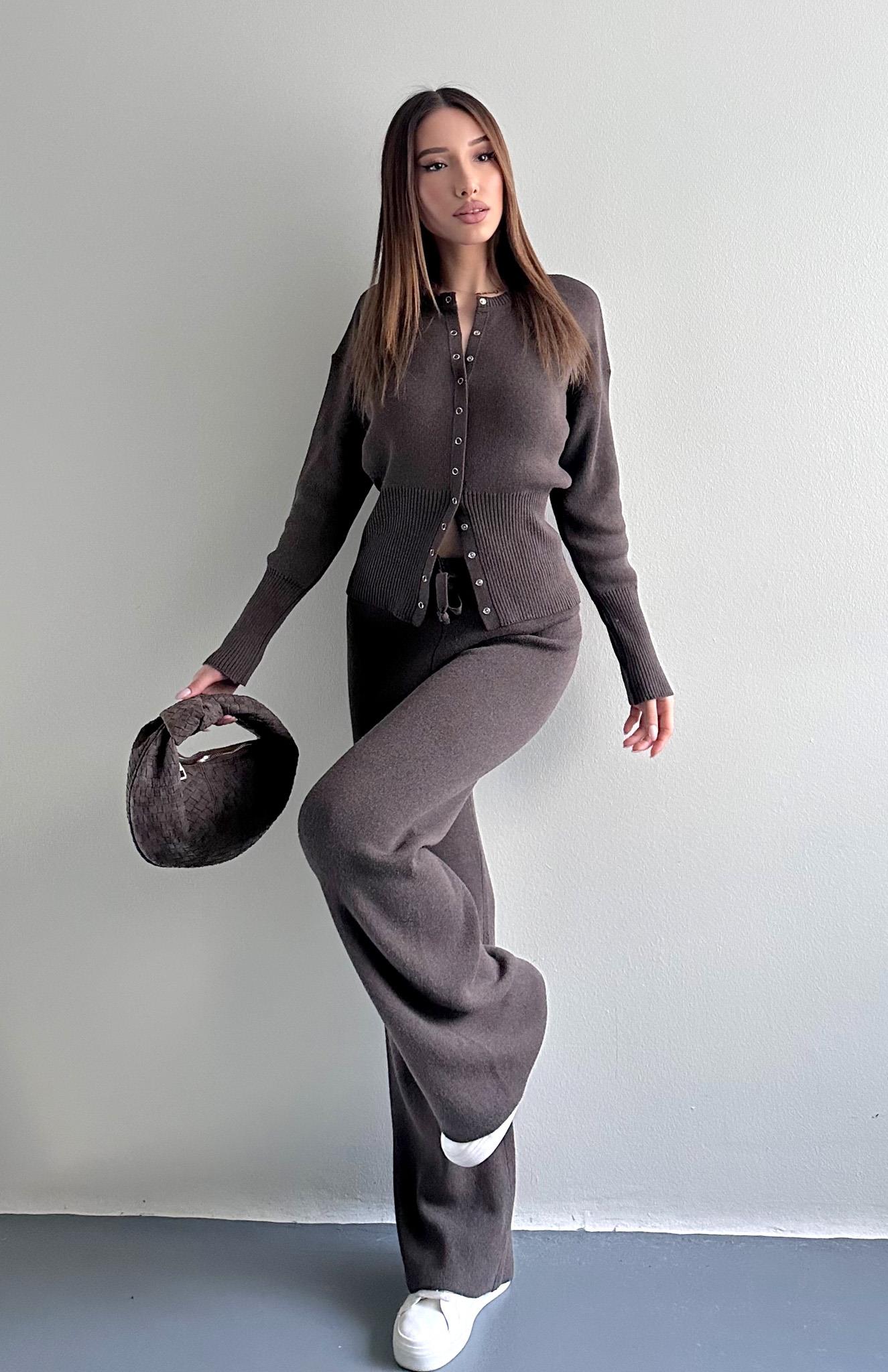 Çıtçıtlı Slim Kesim Pantolonlu Triko Takım KAHVERENGİ