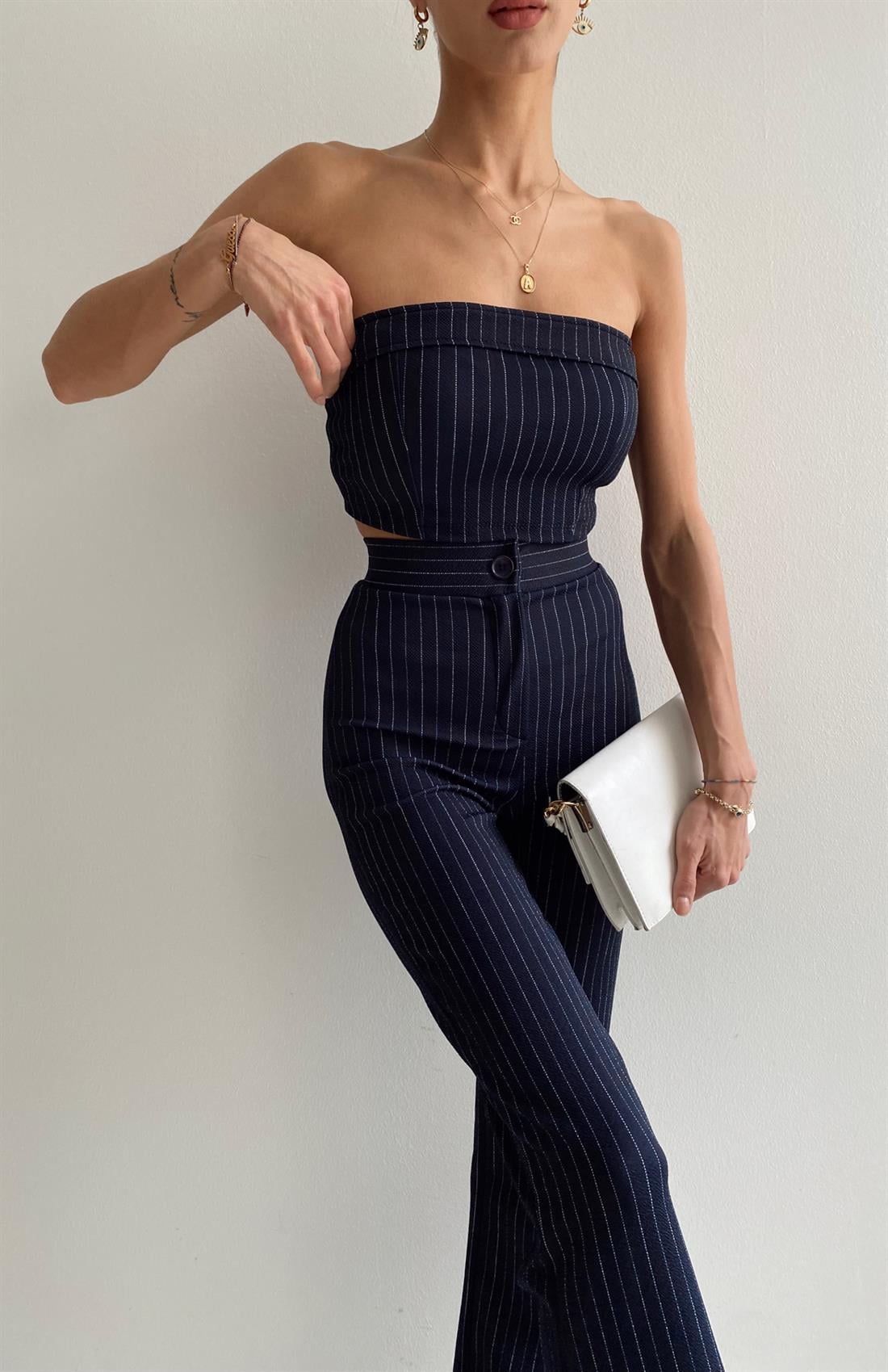 Çizgili Crop Takım LACİVERT