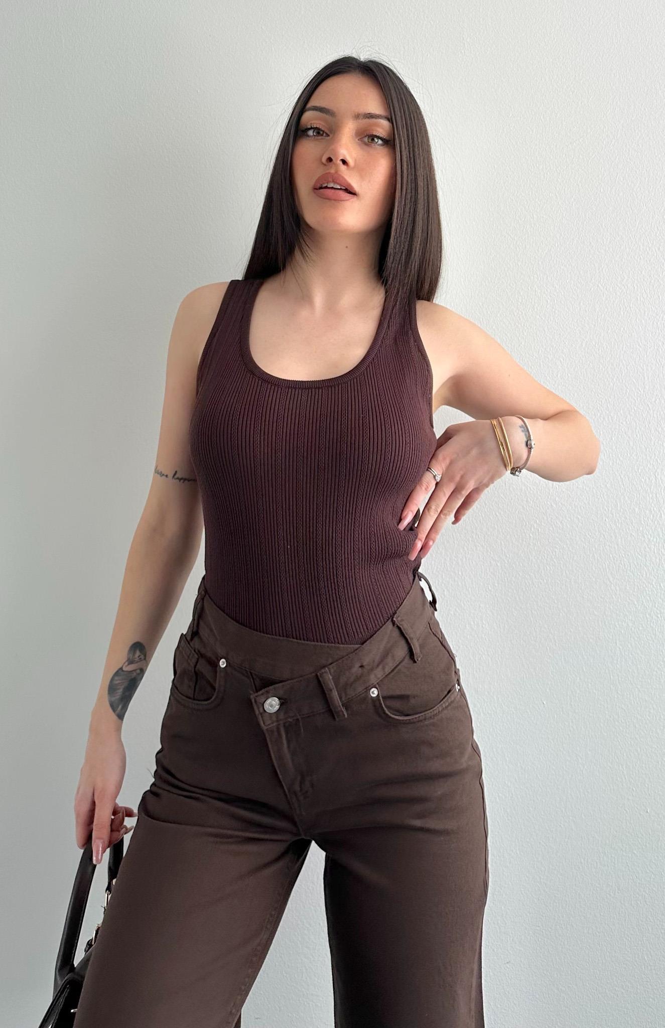 Fitilli Ajurlu Triko Bluz KAHVERENGİ