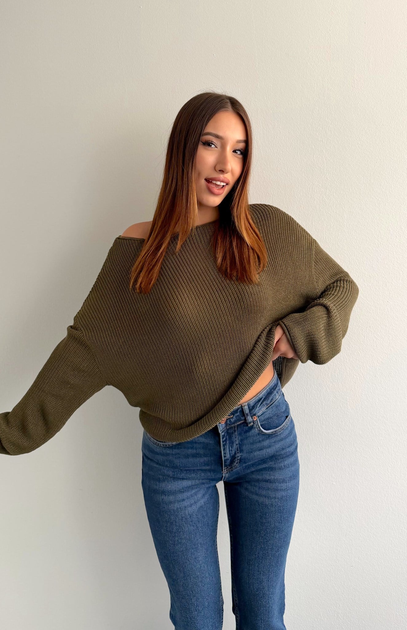 Kayık Yaka Basic Triko Kazak HAKİ