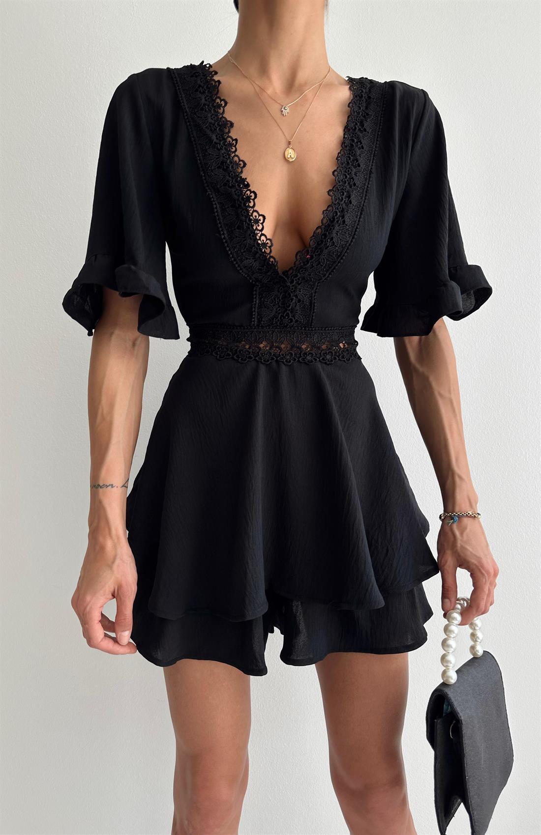 Dantel Detaylı Şort Tulum SİYAH