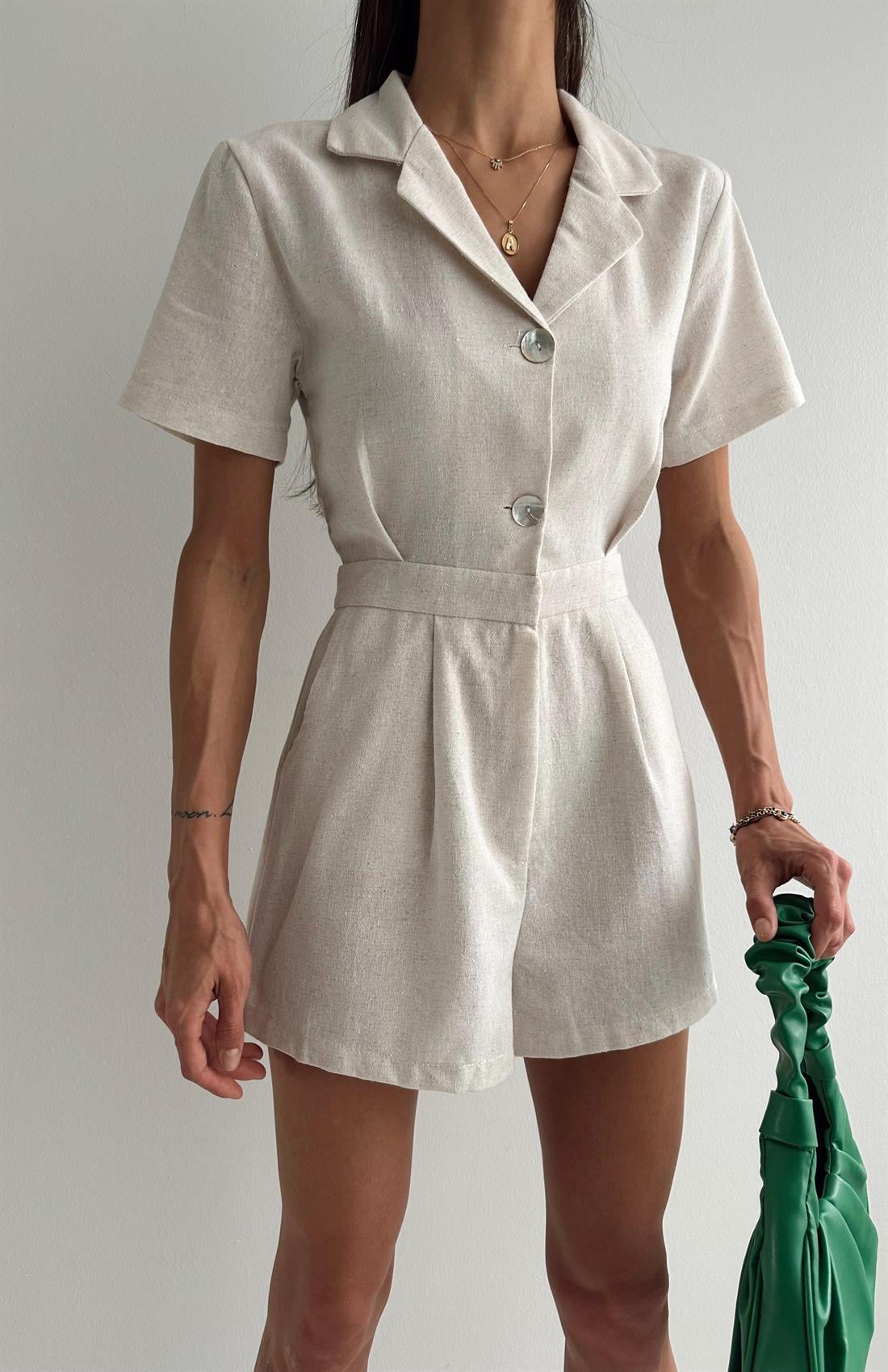 Düğme Detaylı Şort Tulum EKRU