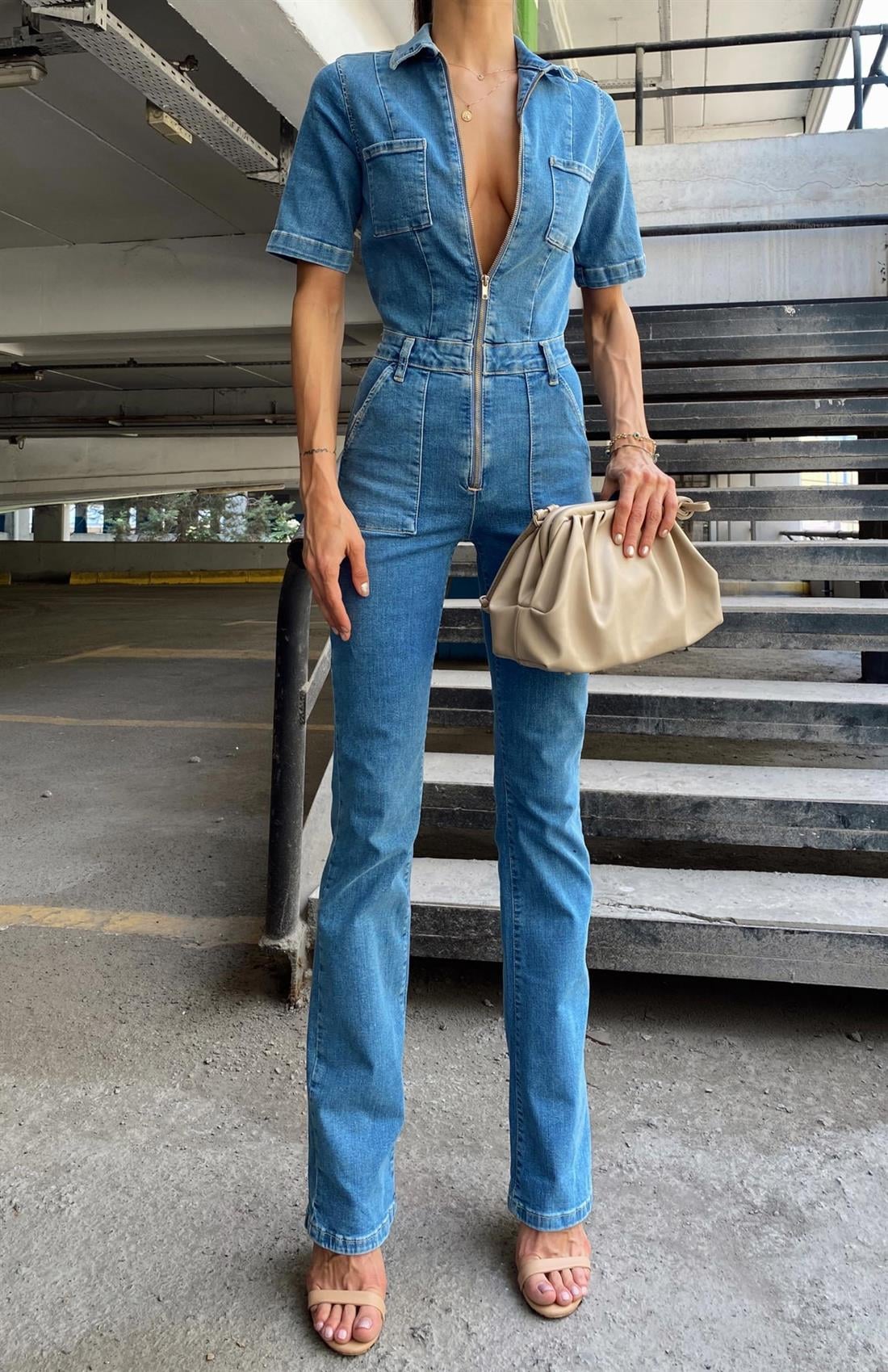 Önü Fermuarlı Kot Tulum MAVİ