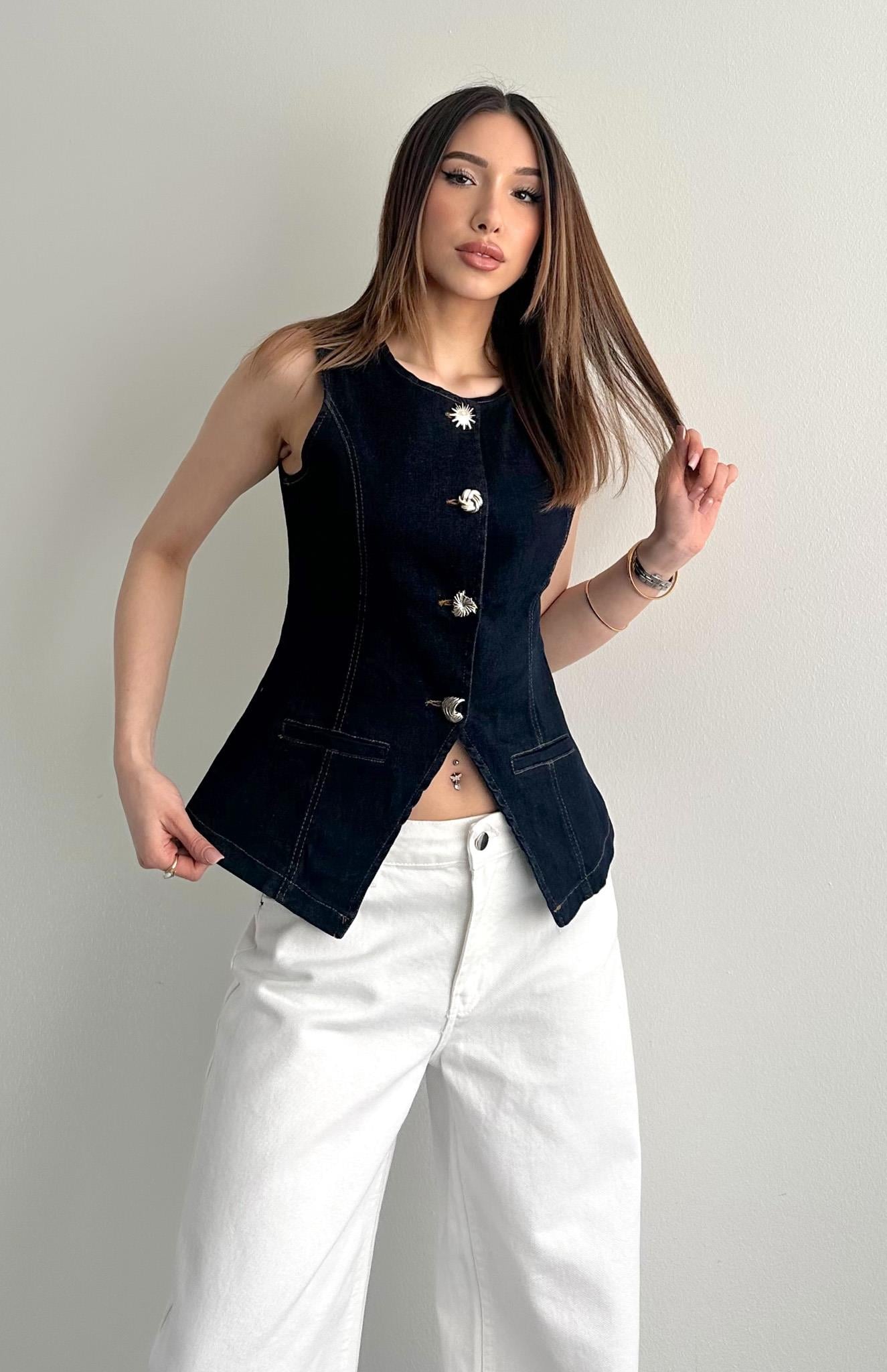 Filotalı Düğmeli Denim Yelek LACİVERT