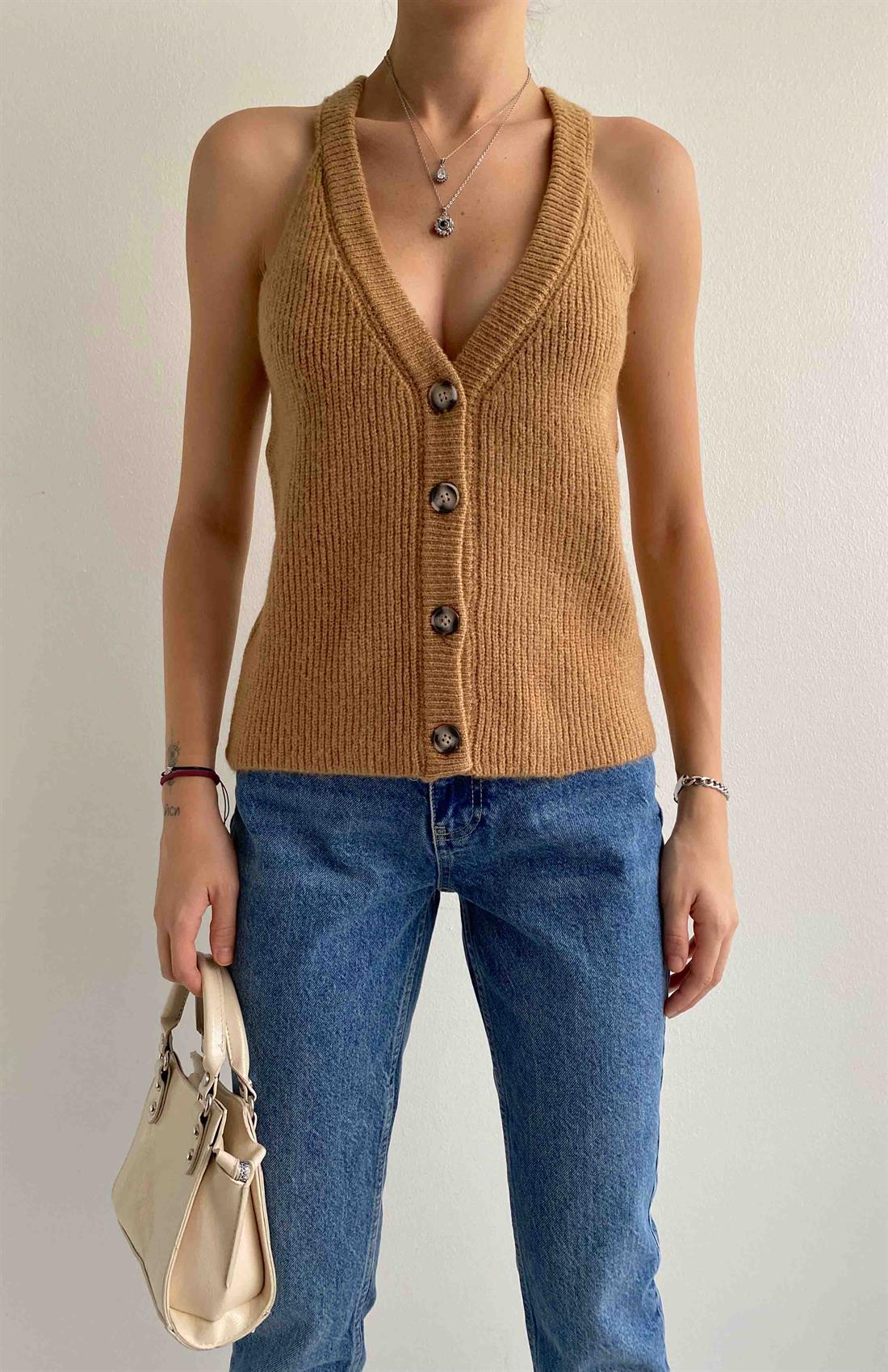 Şardonlu İtalyan Reglan Yelek CAMEL