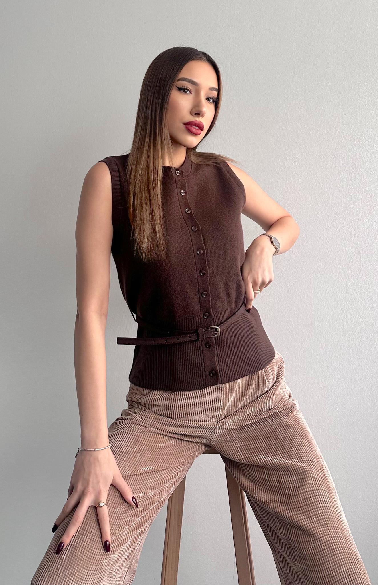 Süet Kemerli Yün Tiftik Yelek KAHVERENGİ