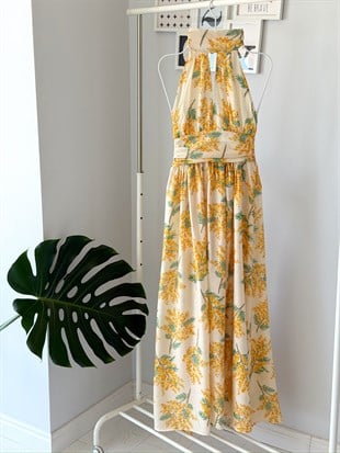 KUŞAK DETAY FLORAL ELBİSE