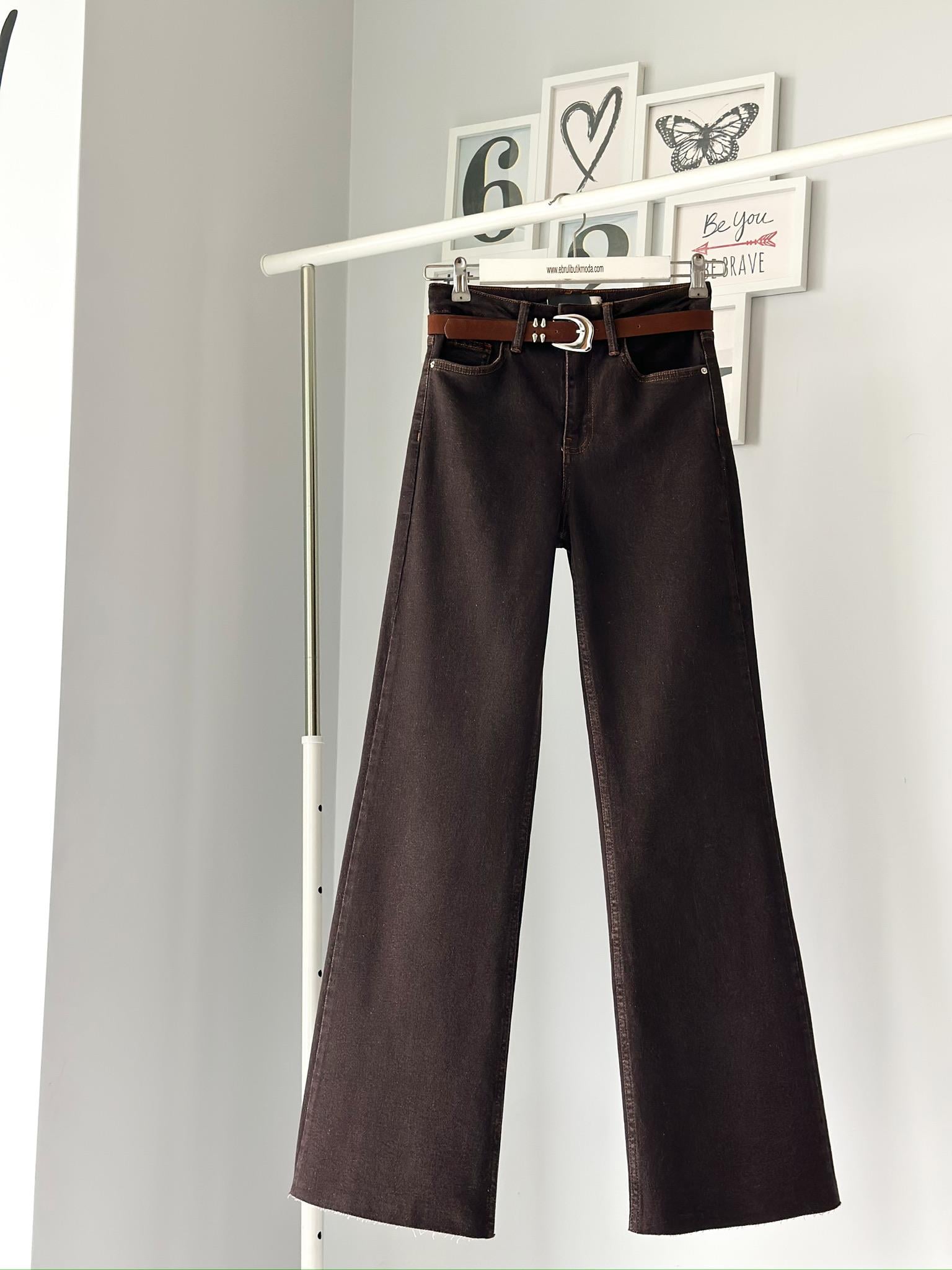 KEMERLİ KAHVERENGİ WİDE LEG JEAN