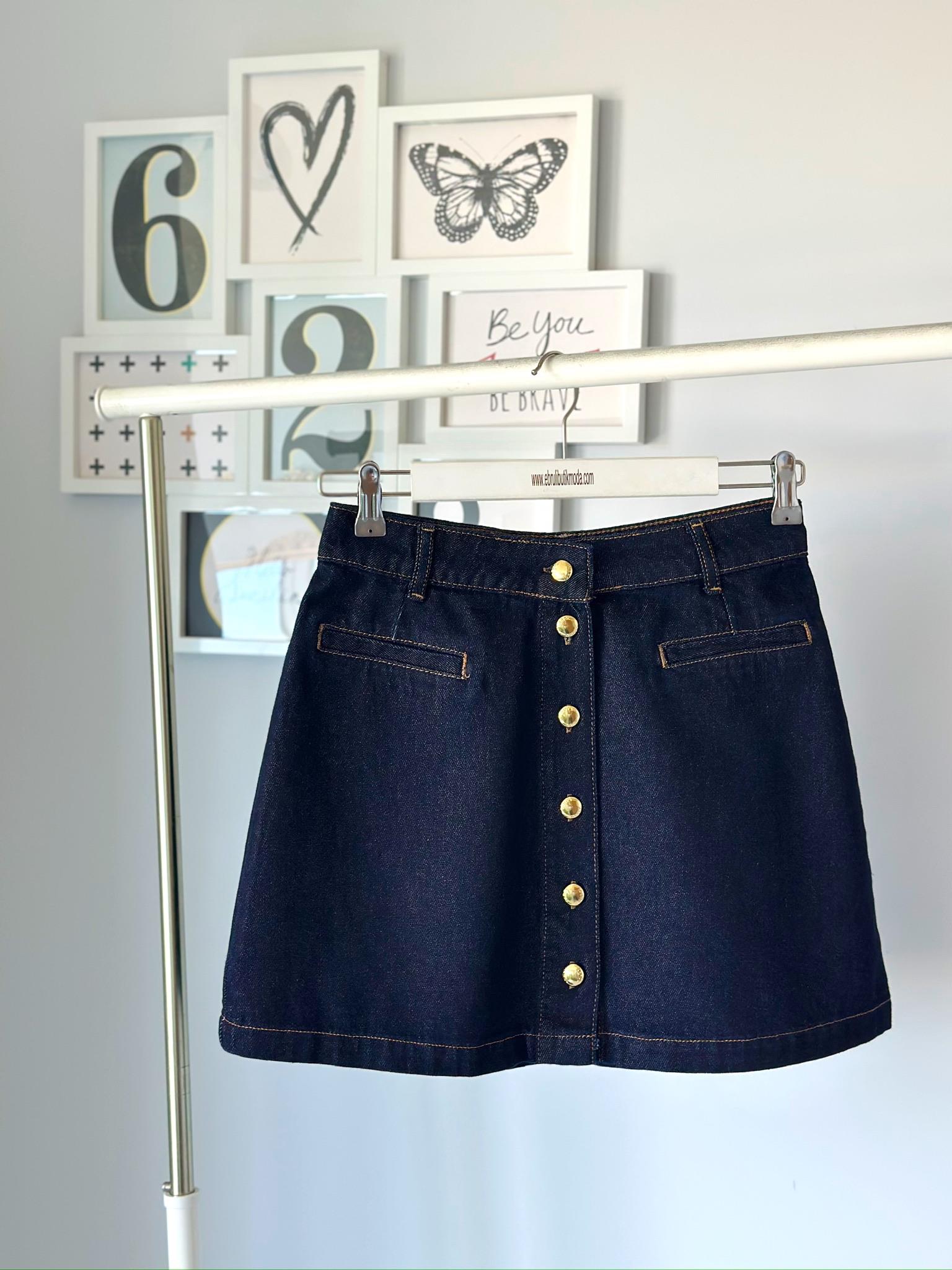 NAVY GOLD DÜĞME DENIM ETEK