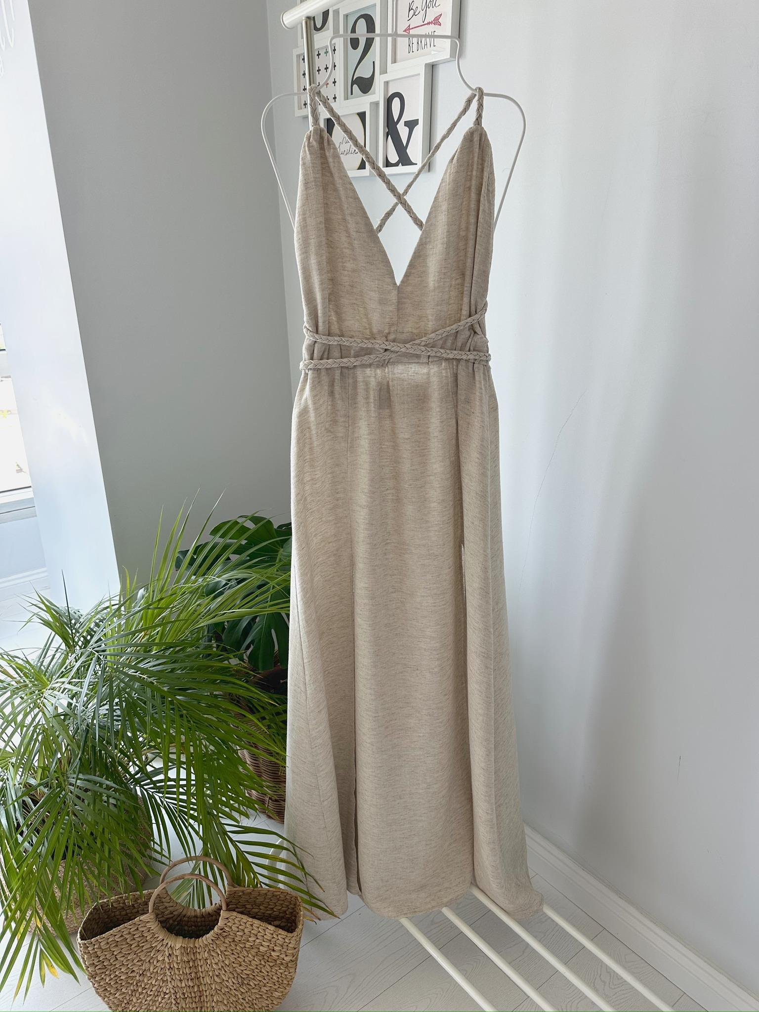 ÖRGÜ DETAYLI KETEN ELBİSE