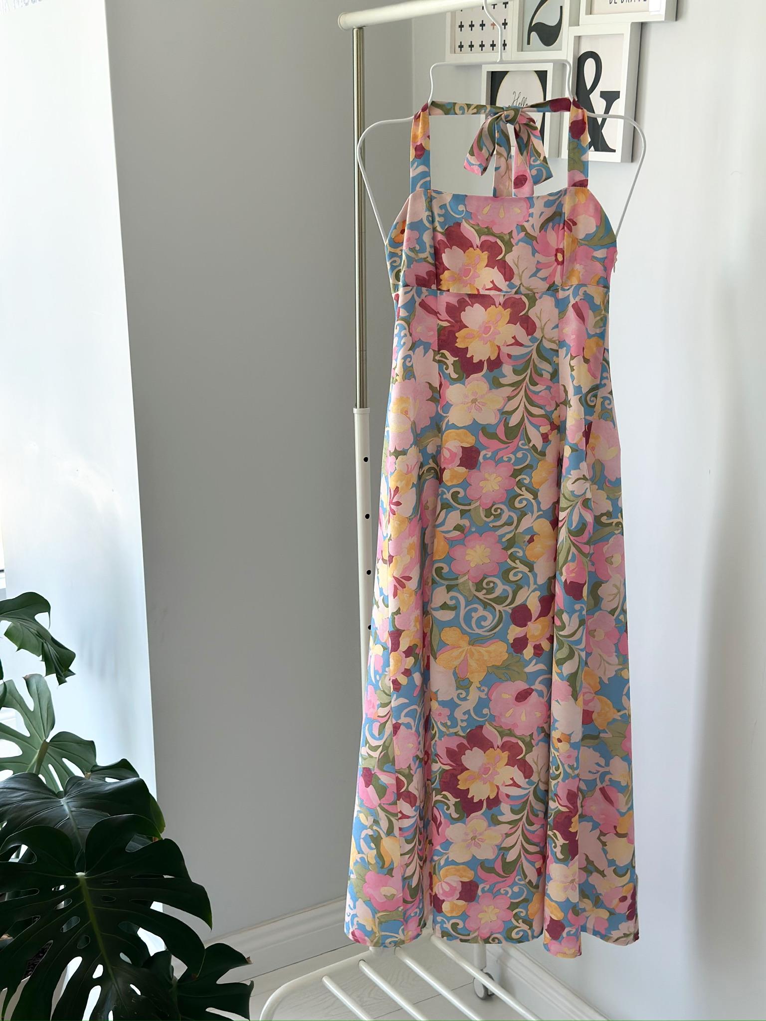 RENKLİ ÇİÇEKLİ KETEN ELBİSE