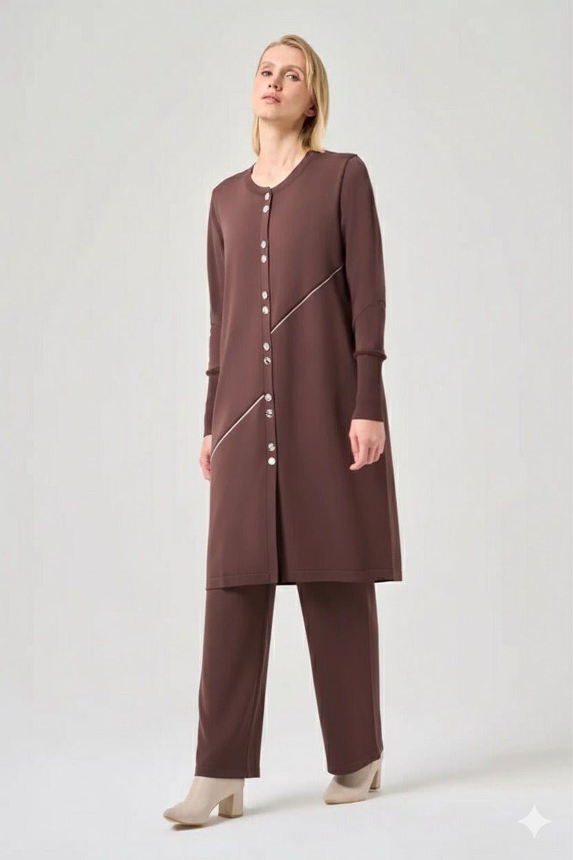 Takım pantolonlu Missa Royel rayon soğuk ip kahverengi
