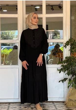 Elbise önü dantel desenli viscon siyah