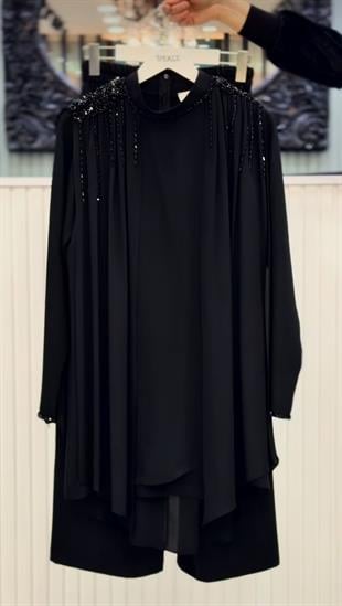 Omuzu Taş Detaylı 8130 siyah Abiye Takım