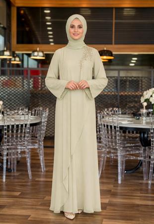 Taş Detaylı Abiye Elbise Mİmoza