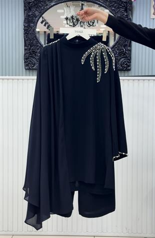 TAŞ İŞLEMELİ PANTOLONLU TAKIM KOYU LACİVERT