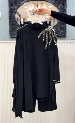 TAŞ İŞLEMELİ PANTOLONLU TAKIM SİYAH