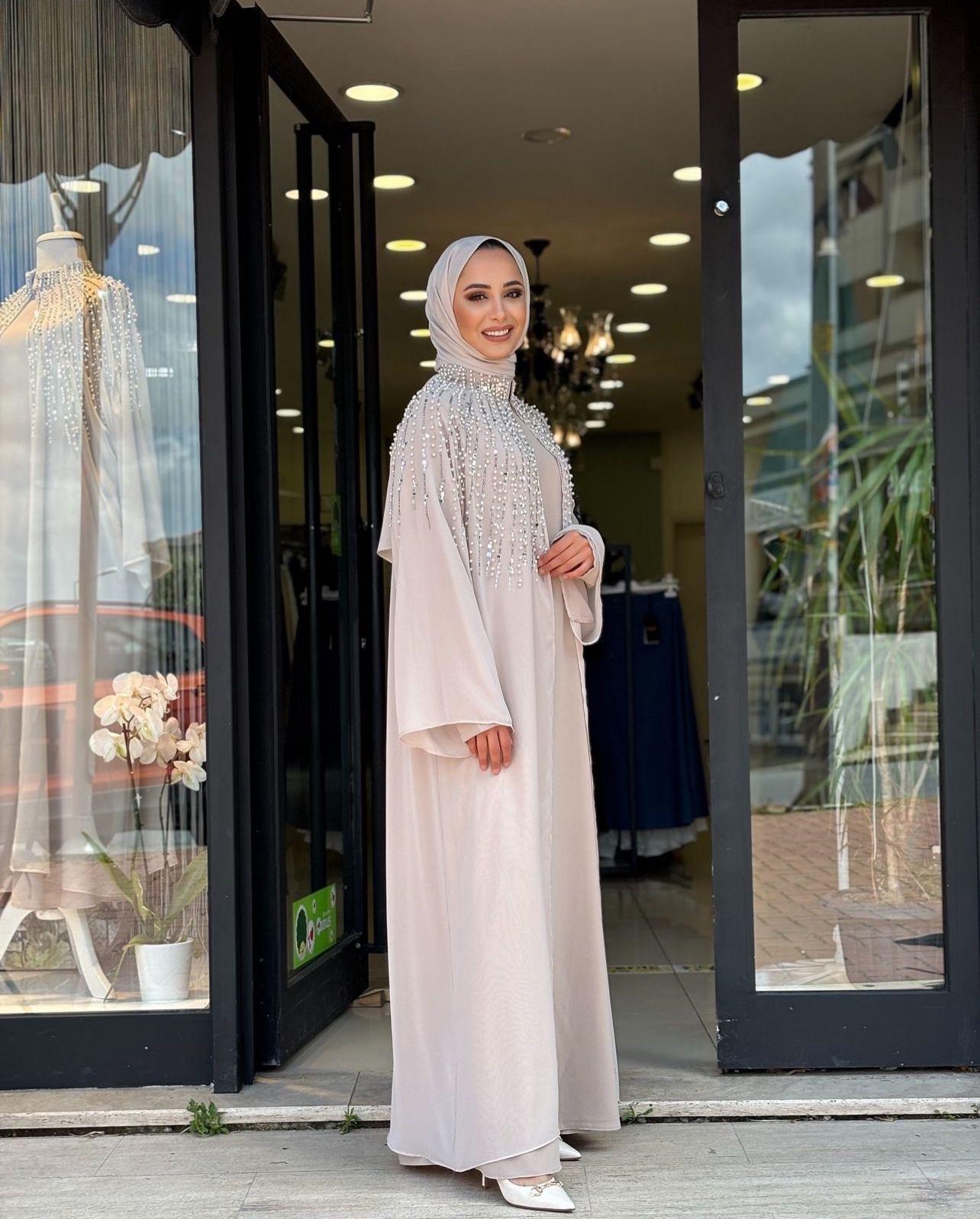 Abaya incili tül taş detaylı bej