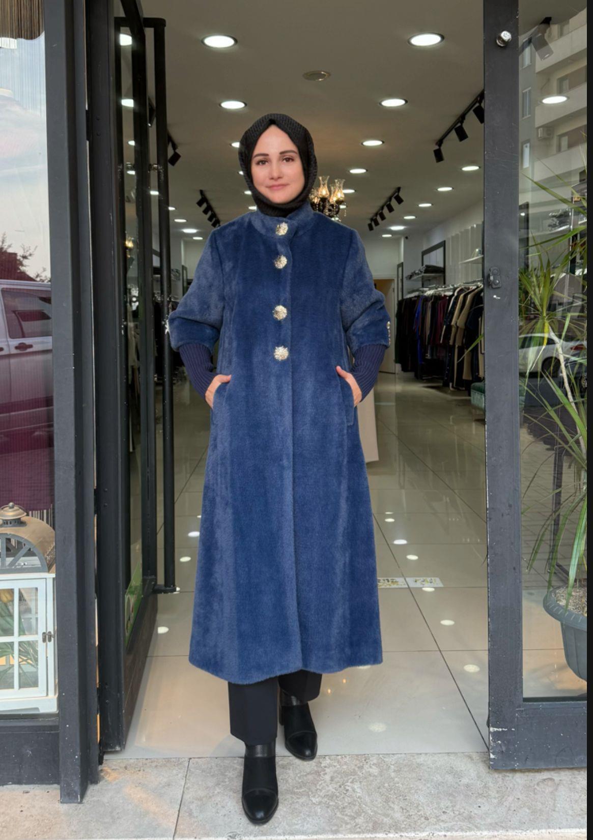 Angora kaban Hakim yaka Triko ve Düğme Detaylı İndigo
