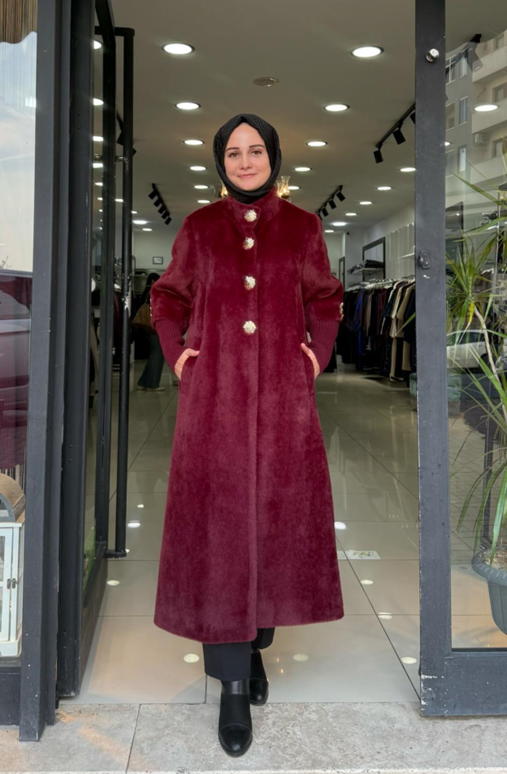 Angora kaban Hakim yaka Triko ve Düğme Detaylı Bordo