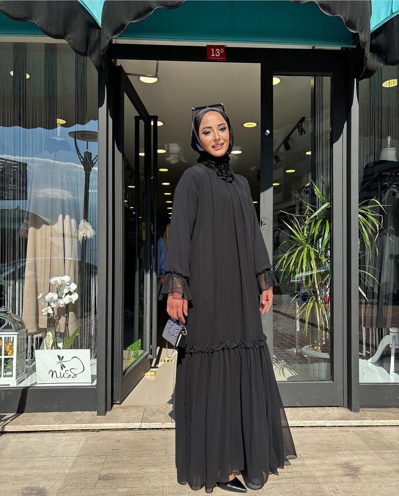 Elbise alt kıvrımlı astarlı şifon siyah