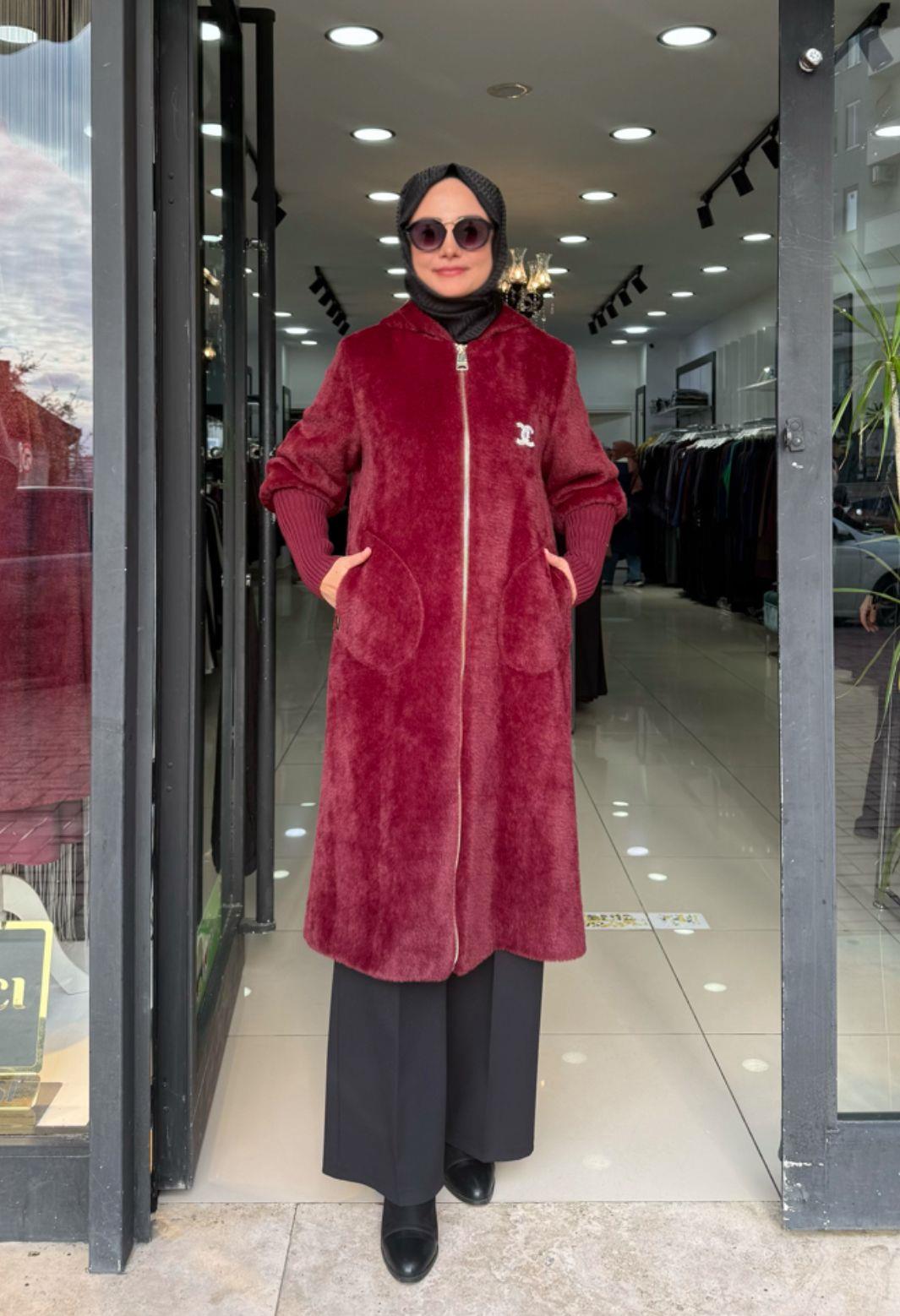 Kaban Angora 24K 7114 sabit kapşonlu bordo