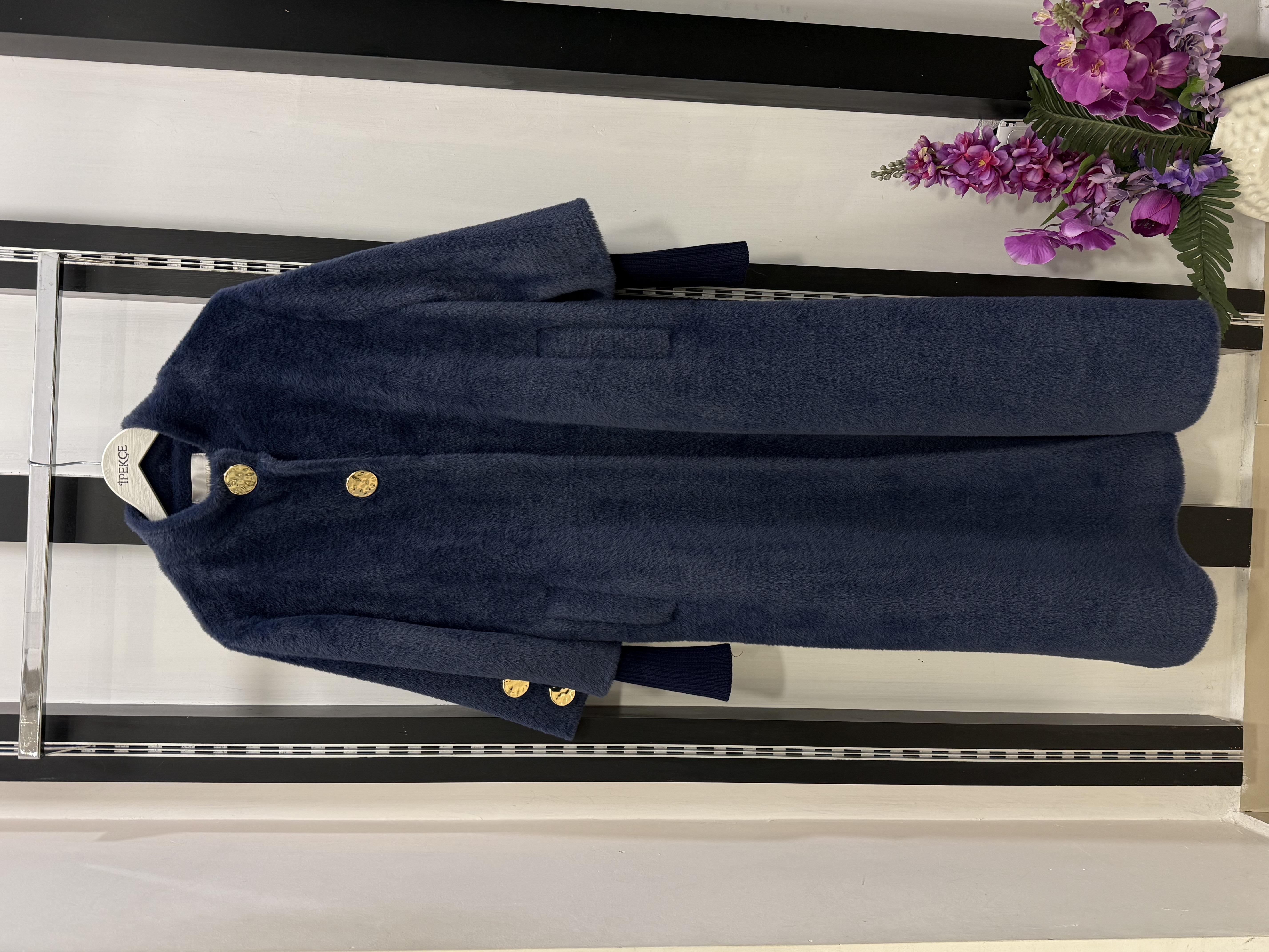 Kaban angora 25K-7129  kol-yaka düğme detaylı kaban indigo