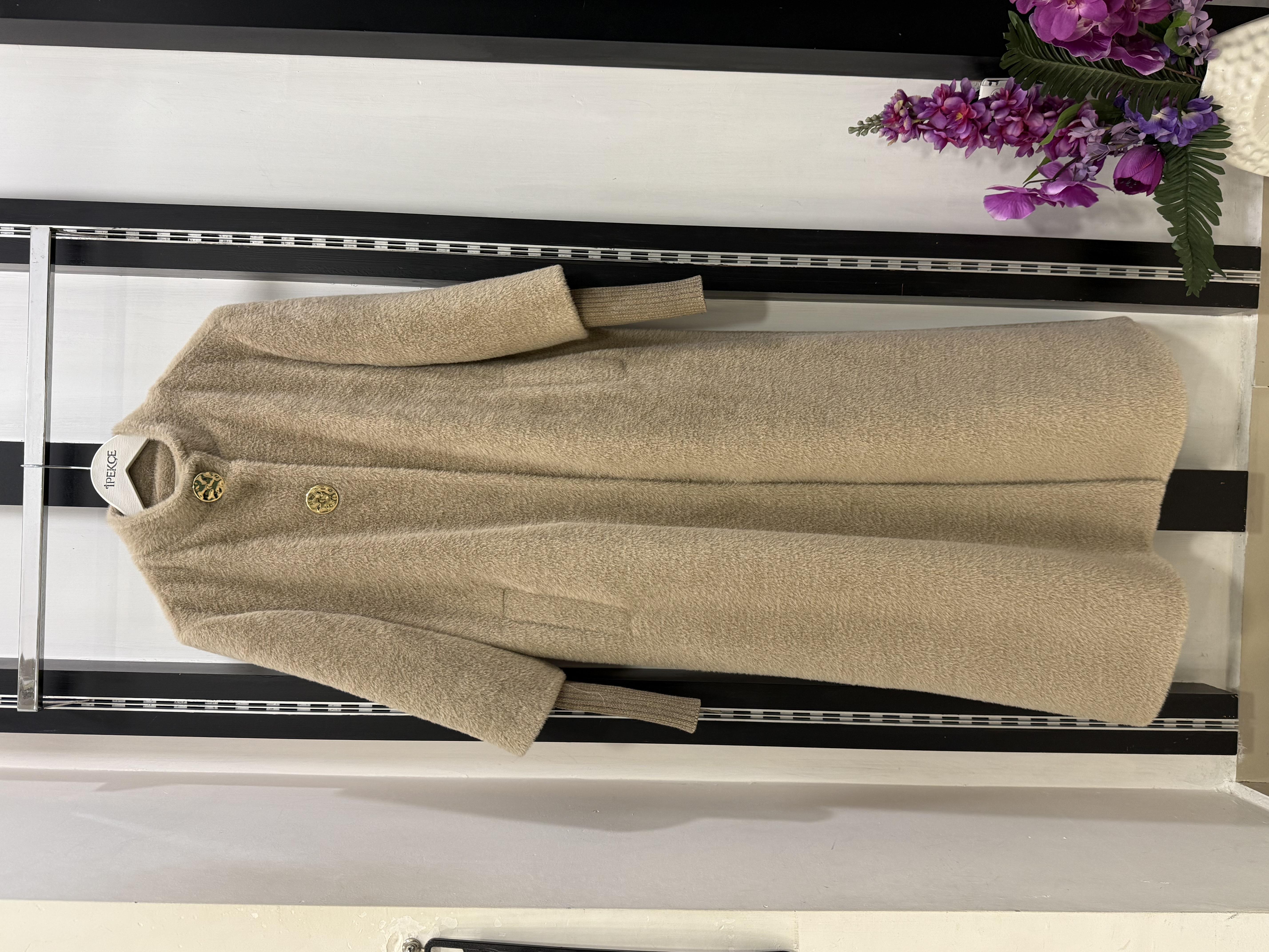 Kaban angora 25K-7129  kol-yaka düğme detaylı kaban koyu bej
