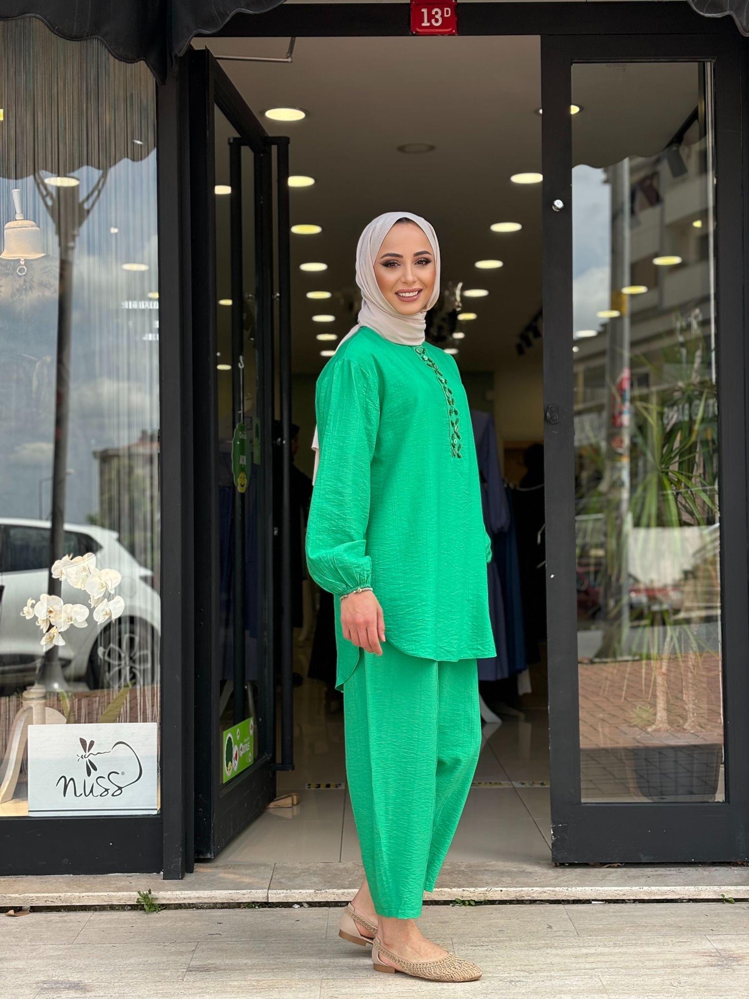 Takım tarz pantolonlu çilek keten yeşil