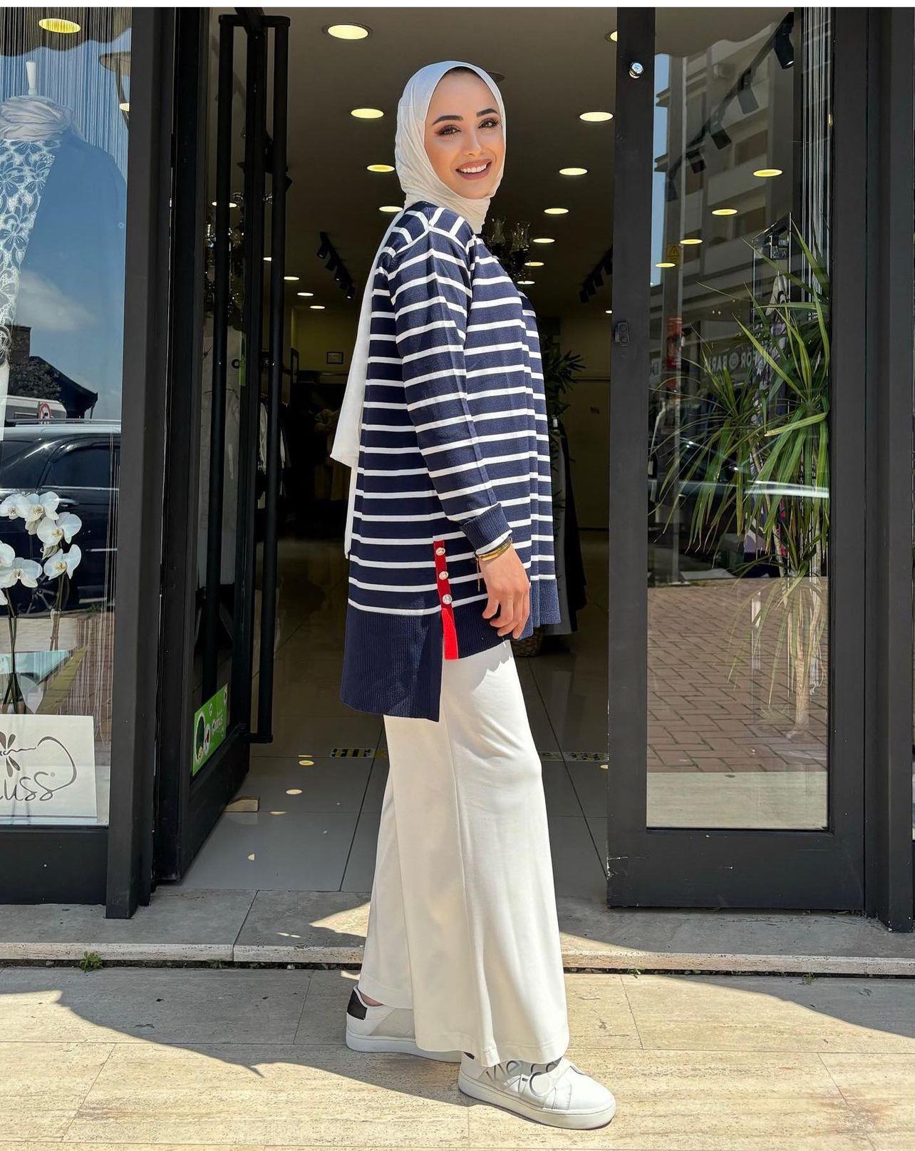 Tunik merserize çizgili lacivert-beyaz