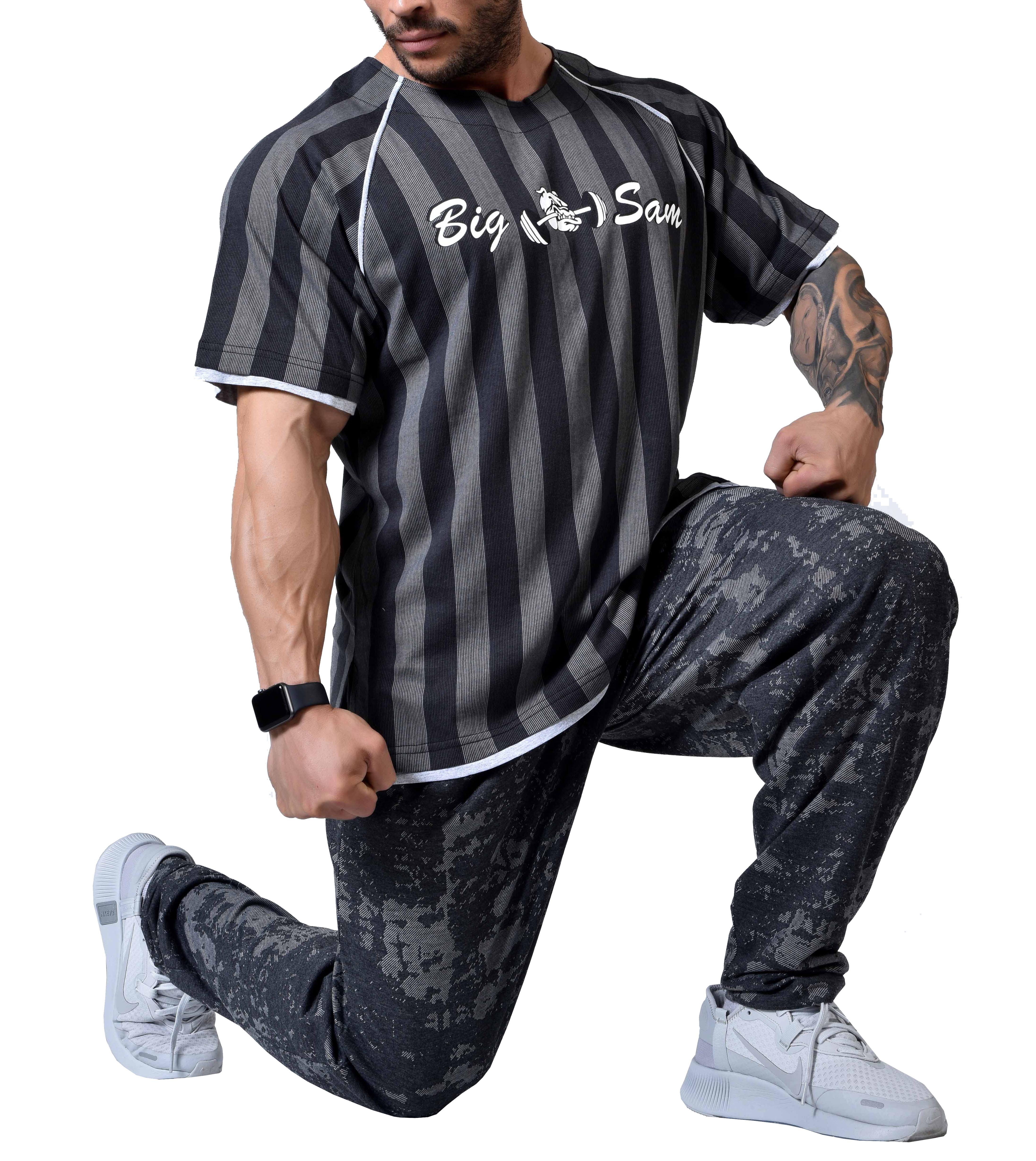 Mens Stripped Gym T-shirt Big Sam