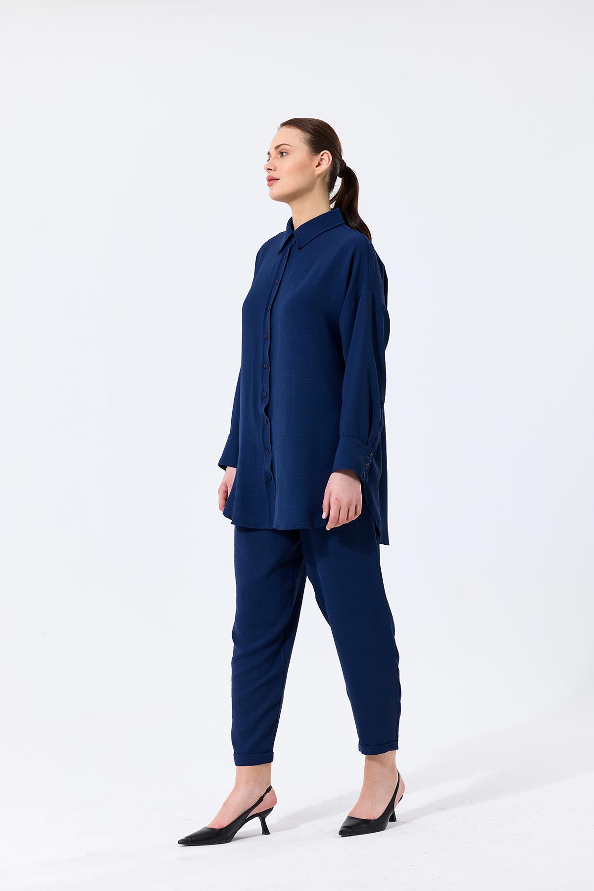 Aerobin Kumaş Gömlek Yaka Düğmeli Dar Paça Pantolon Cep Detaylı Lotus İkili Takım Lacivert