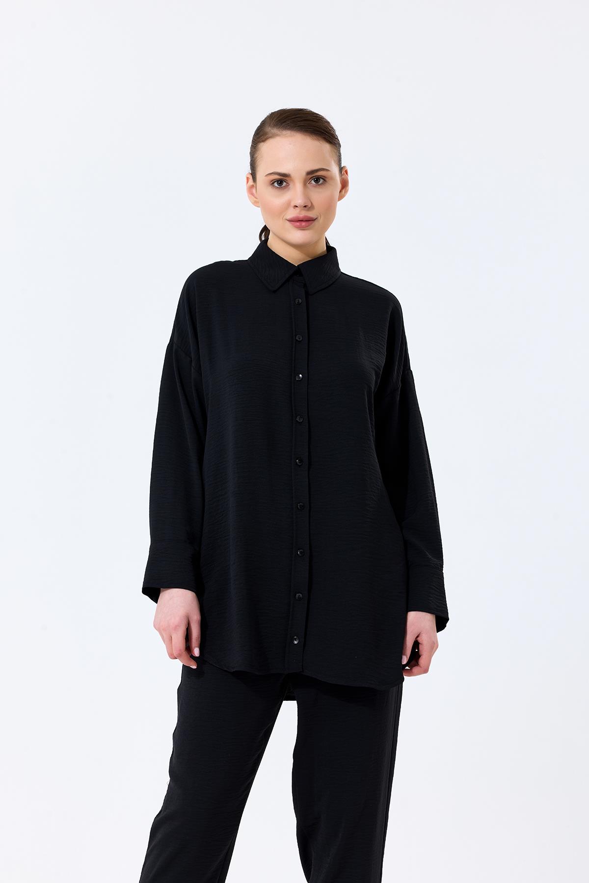 Aerobin Kumaş Gömlek Yaka Düğmeli Dar Paça Pantolon Cep Detaylı Lotus İkili Takım Siyah