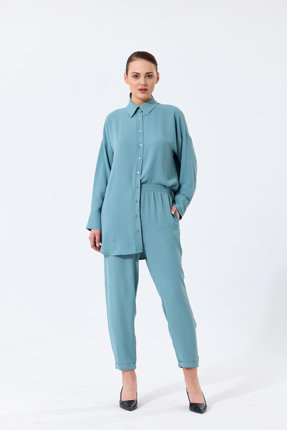 Aerobin Kumaş Gömlek Yaka Düğmeli Dar Paça Pantolon Cep Detaylı Lotus İkili Takım Mint