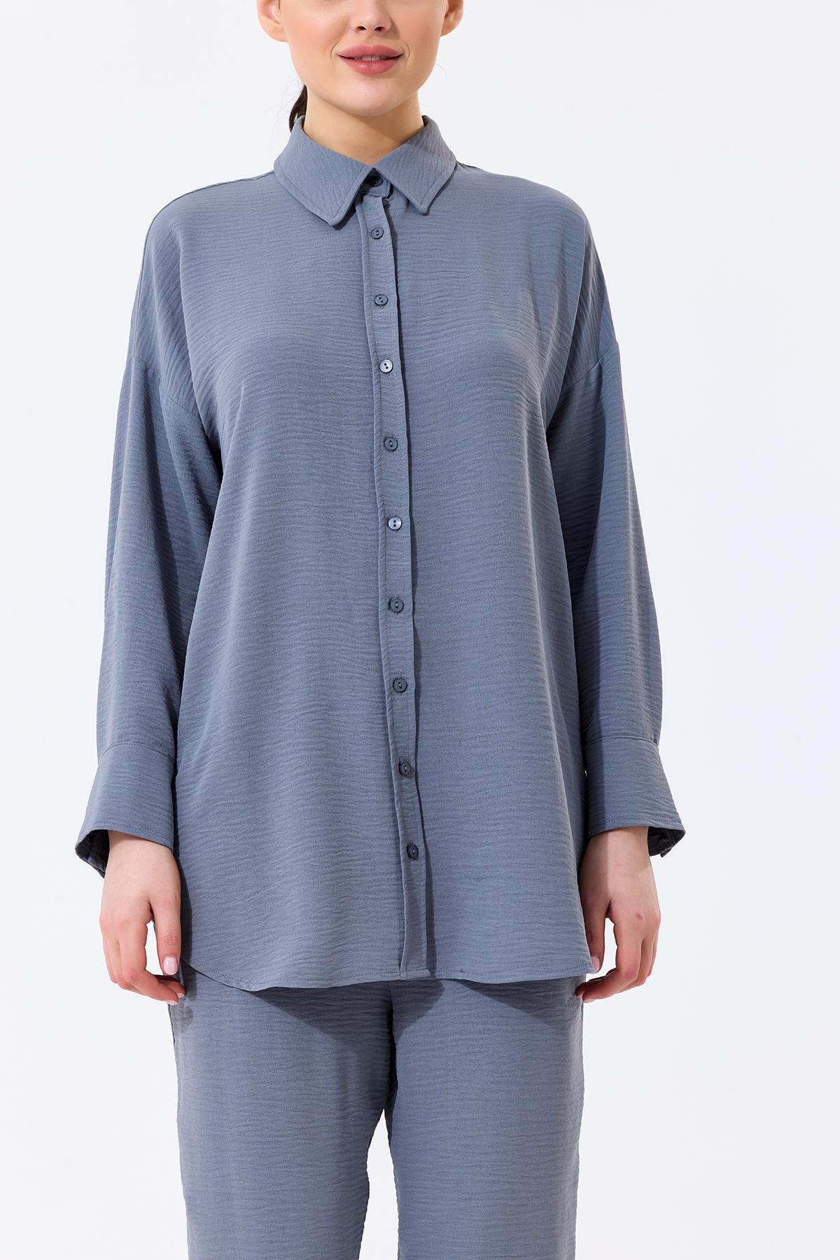 Aerobin Kumaş Gömlek Yaka Düğmeli Dar Paça Pantolon Cep Detaylı Lotus İkili Takım Gri