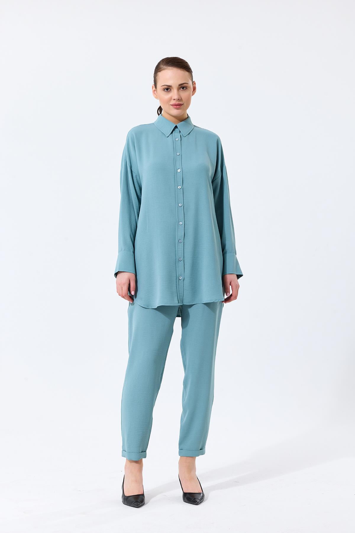 Aerobin Kumaş Gömlek Yaka Düğmeli Dar Paça Pantolon Cep Detaylı Lotus İkili Takım Mint