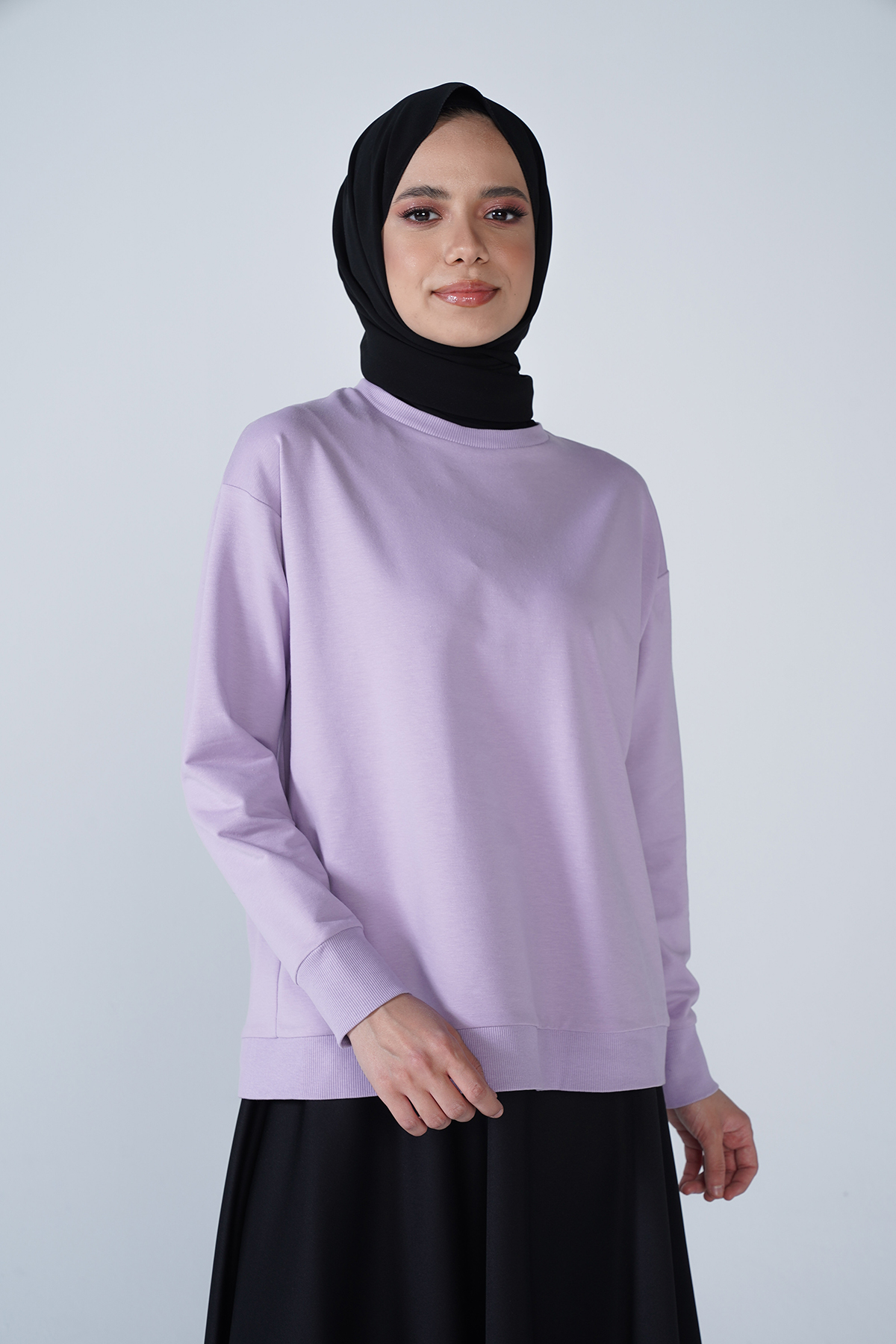 Bisiklet Yaka Basic İki İplik Sweat Lila