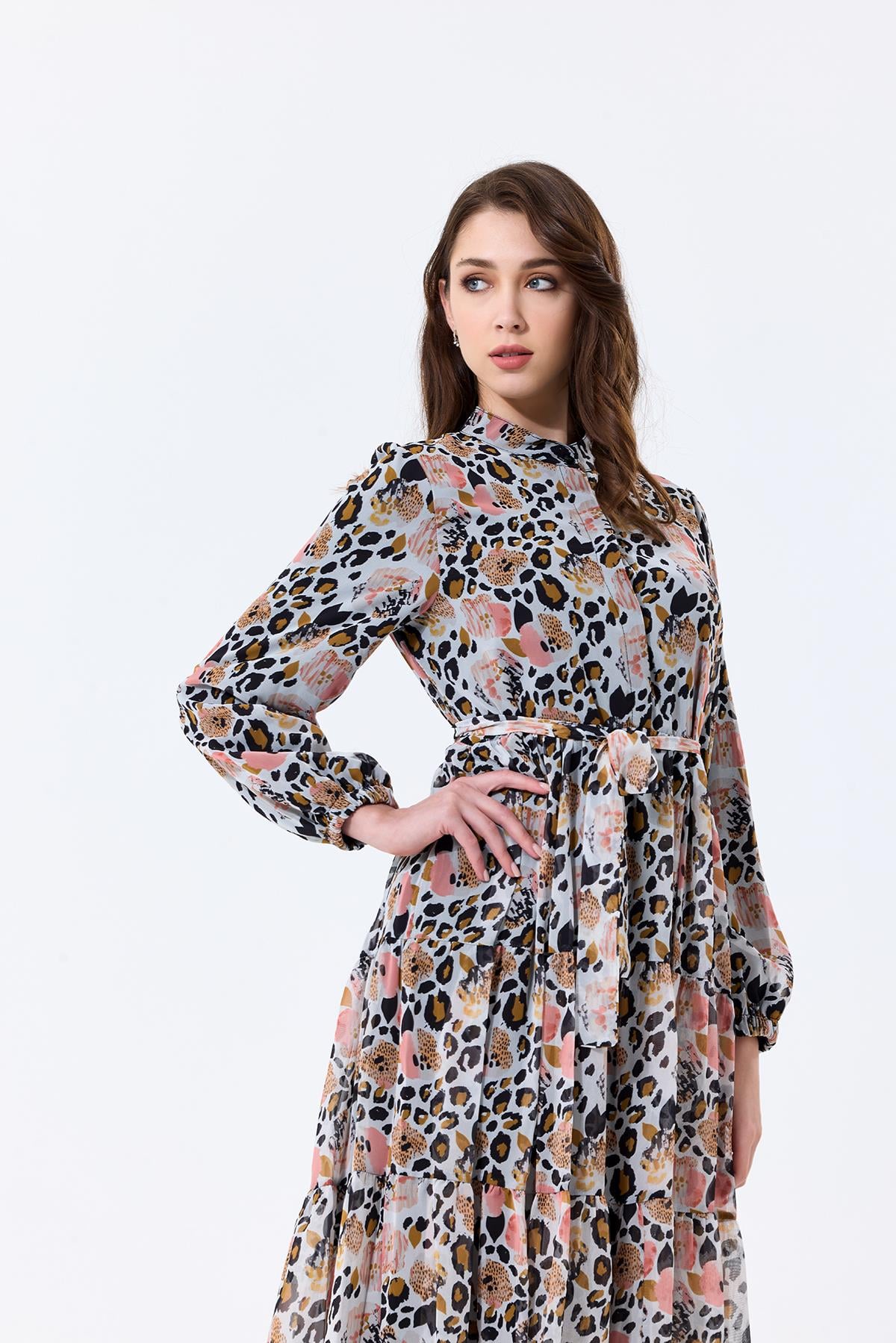 Leopar Desenli Kuşak Detaylı Astarlı Şifon Donna Elbise Kahve