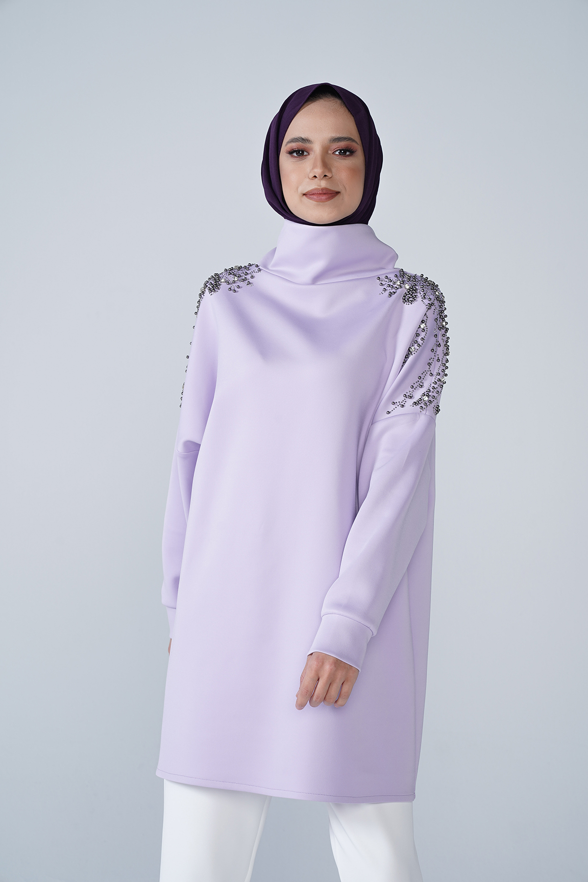 Omuz Taş İşlemeli Yüksek Yaka Diamond Tunik Lila