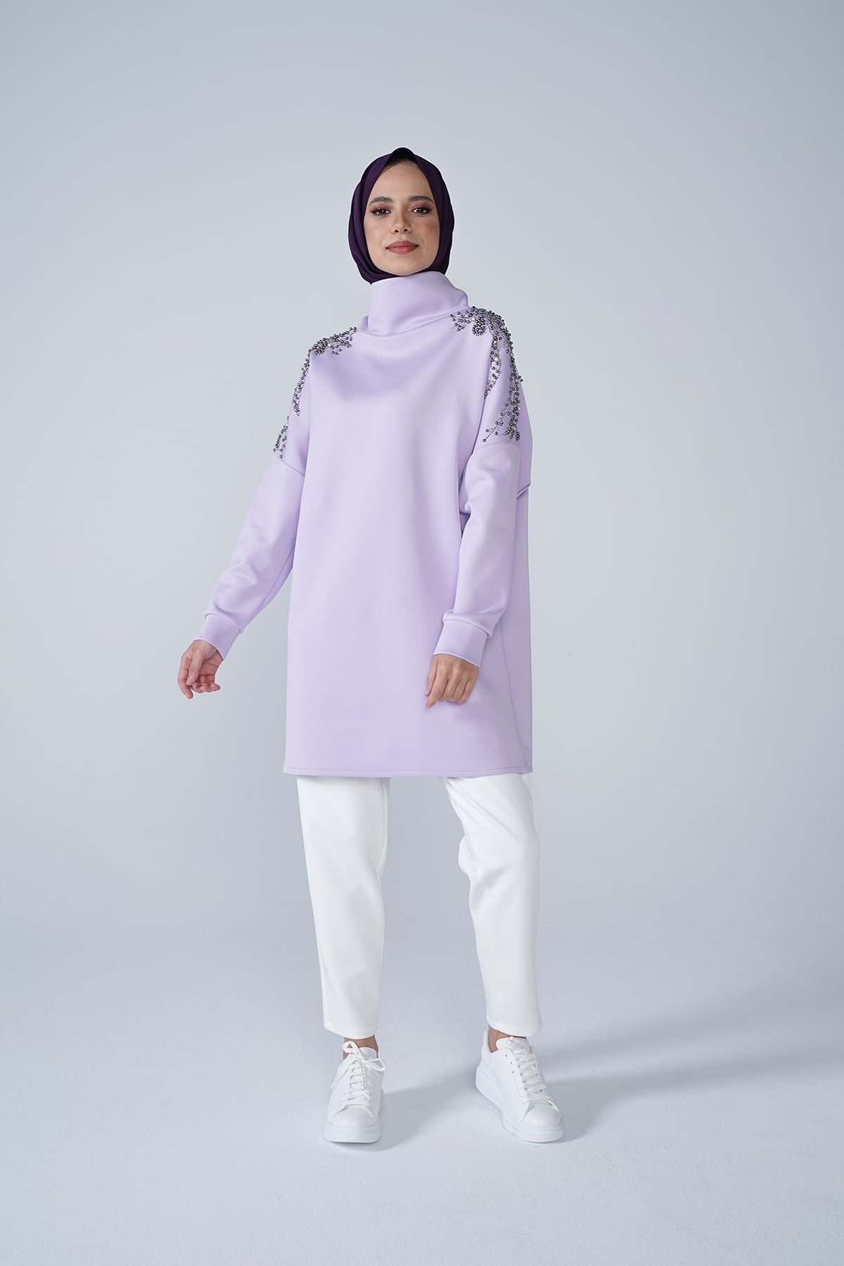 Omuz Taş İşlemeli Yüksek Yaka Diamond Tunik Lila