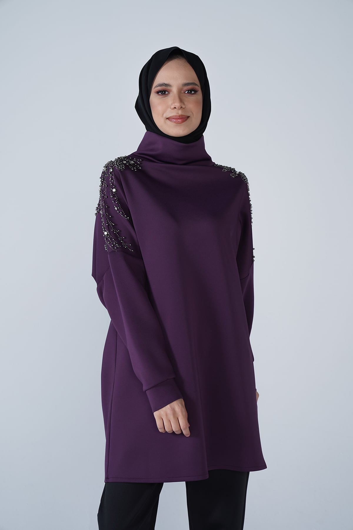 Omuz Taş İşlemeli Yüksek Yaka Diamond Tunik Mor