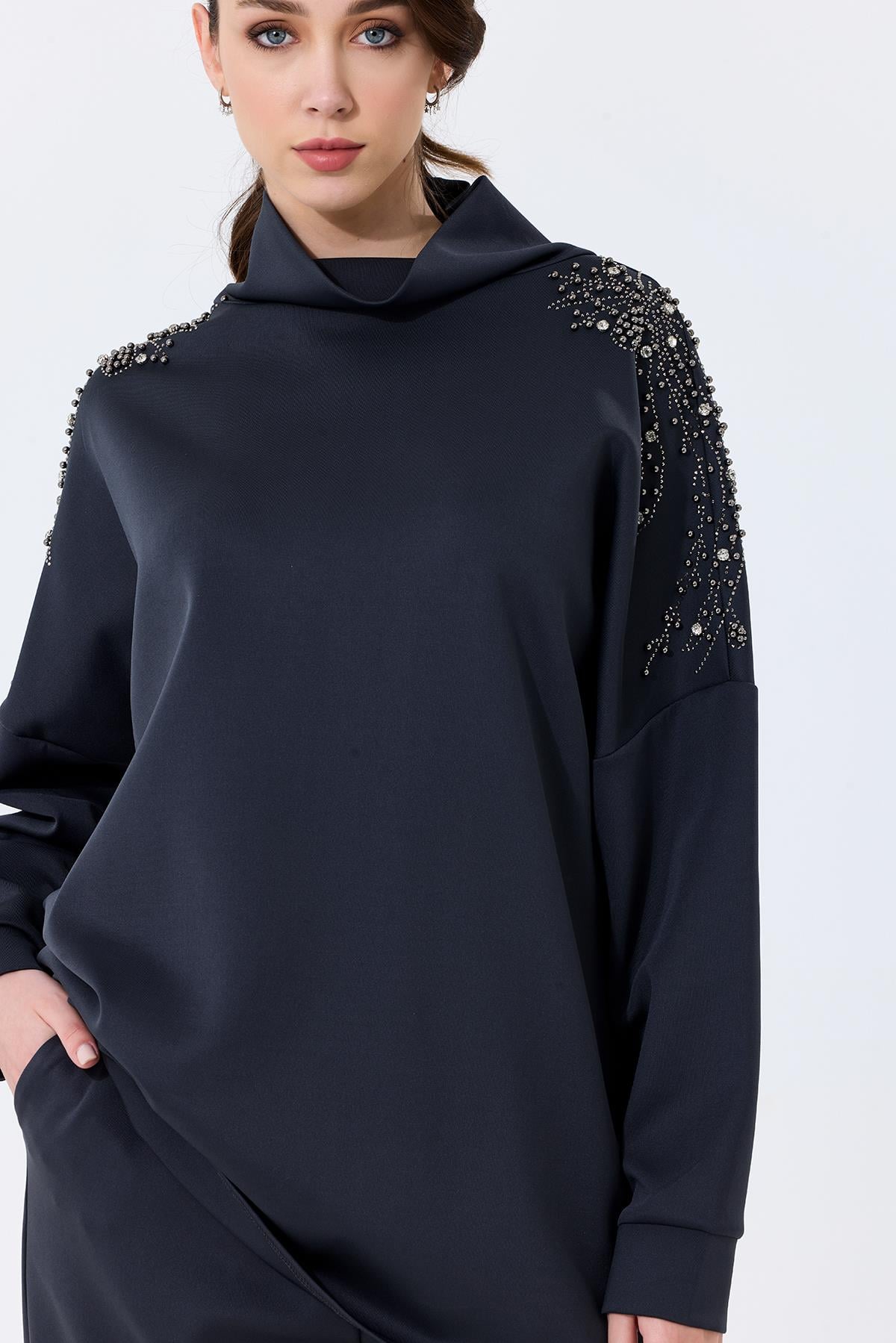 Omuz Taş İşlemeli Yüksek Yaka Diamond Tunik Antrasit