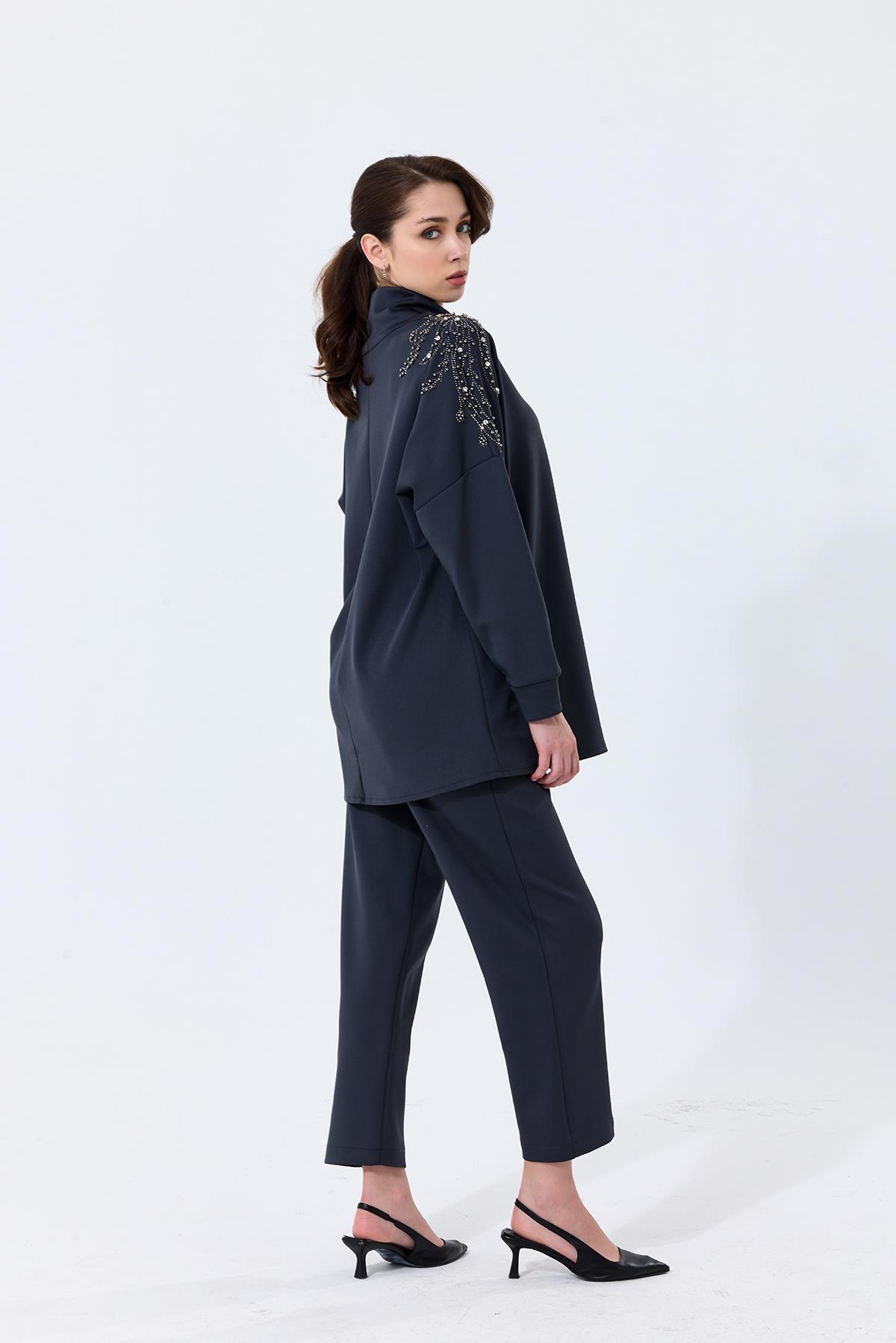 Omuz Taş İşlemeli Yüksek Yaka Diamond Tunik Antrasit