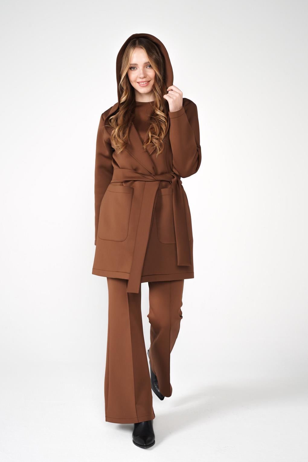 Puf Kap Ceketli Kapüşonlu Scuba Kumaş Üçlü Susi Takım Kahve