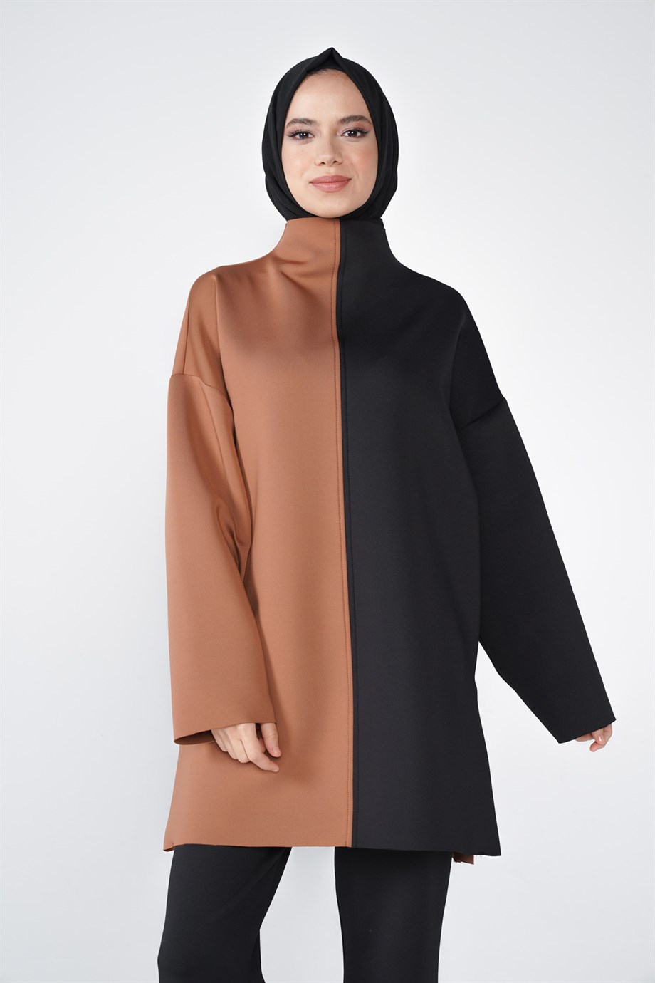 Puf Kumaş Lazer Kesim Lina Çift Garnili Tunik Taba Siyah