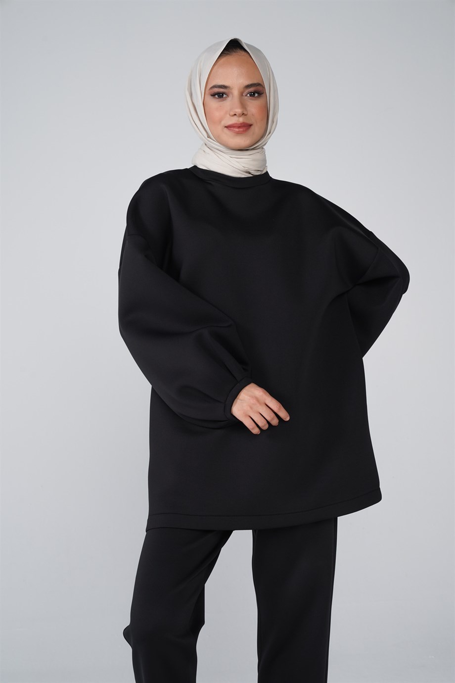 Scuba Kumaş Balon Kol Bisiklet Yaka Bubble Basic Tunik Siyah